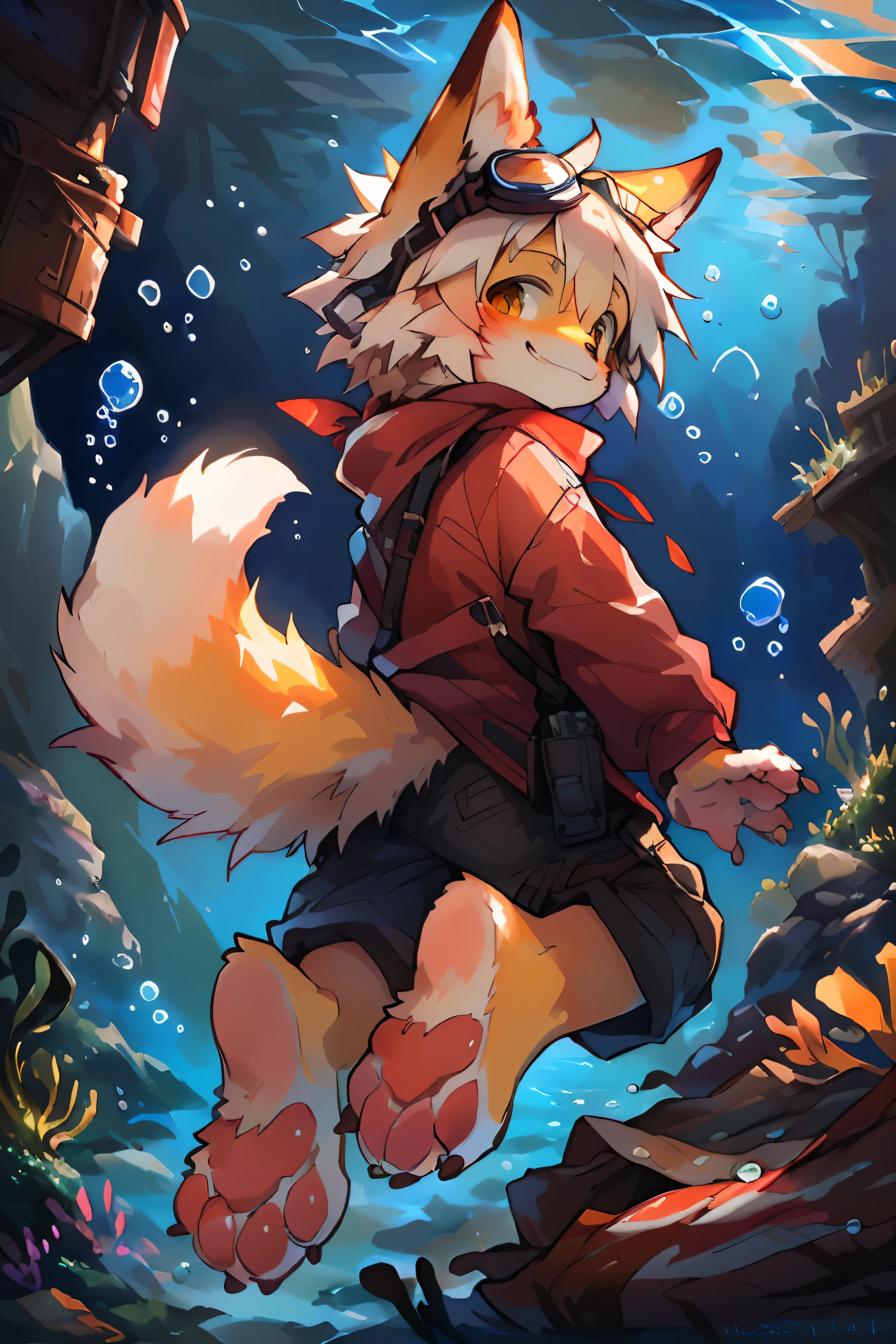 (((Looking back,Fake smile))), ((( \(parfect anatomy\)))),, Strong, (from back), ((Show your paws,Foot focus,clawed paws)), ((Underwater, Bubble, airbubble,The fish)), green eyes, deer's horns, black tail, fluffy mane, fox, yellow body, White hair