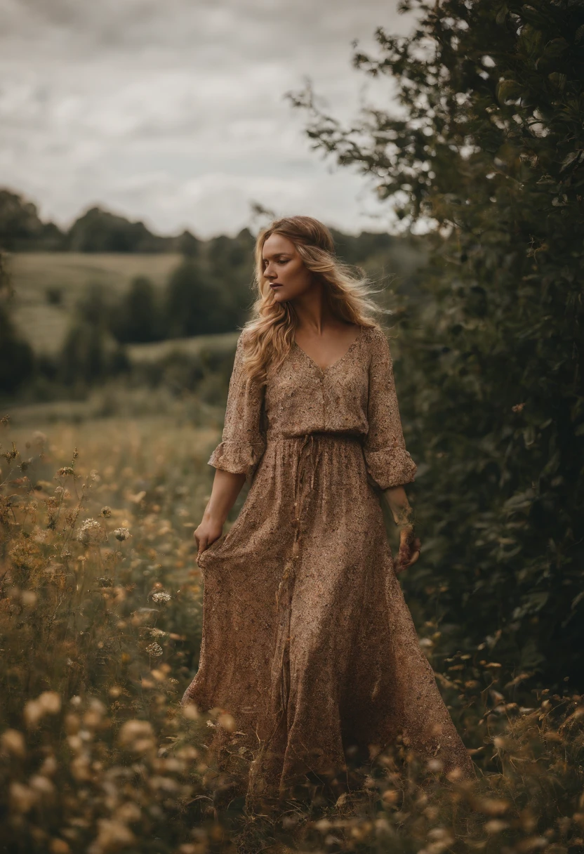 Ein Nahaufnahmefoto einer schwangeren Frau, dressed in bohemian-inspired fashion, Wear a flowy maxi dress with floral prints, Kombiniert mit einer Jeansjacke und einem Schlapphut und Vintage-Accessoires. Your hair is styled in loose waves or natural curls. Die Kulisse ist ein sonnendurchfluteter Park oder eine Wiese, mit hohem Gras und Wildblumen,Goldenes kurzes Haar