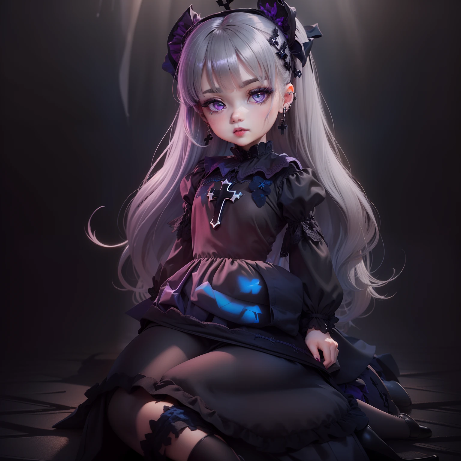 Cute  Chibi Anime,(((Chibi 3D))) (Best Quality) (Master Price)、Blake Gothic Lolita Dress, ((Wearing (Black:1.4) And (Dark blue:1.1) very long dress:1.4) With cross motif and lace edges:1.4)), (Wearing short sleeves and a square neckline:1.4), ((wearing a very long skirt:1.4) With a ribbon at the waist:1.4), (Wearing (Black stockings:1.4) And (Shoes with black heels:1.4)), 
BREAK (Wearing earrings with a cross motif:1.2), 
BREAK (Gray hair color:1.4), (Medium Hair (Vertical roll:1.4) and bangs:1.3).
(Rich erotic purple eyeshadow, Purple eyes, Blacklip, radiant eyes, eye trail:1.2),(Chibi:1.5)