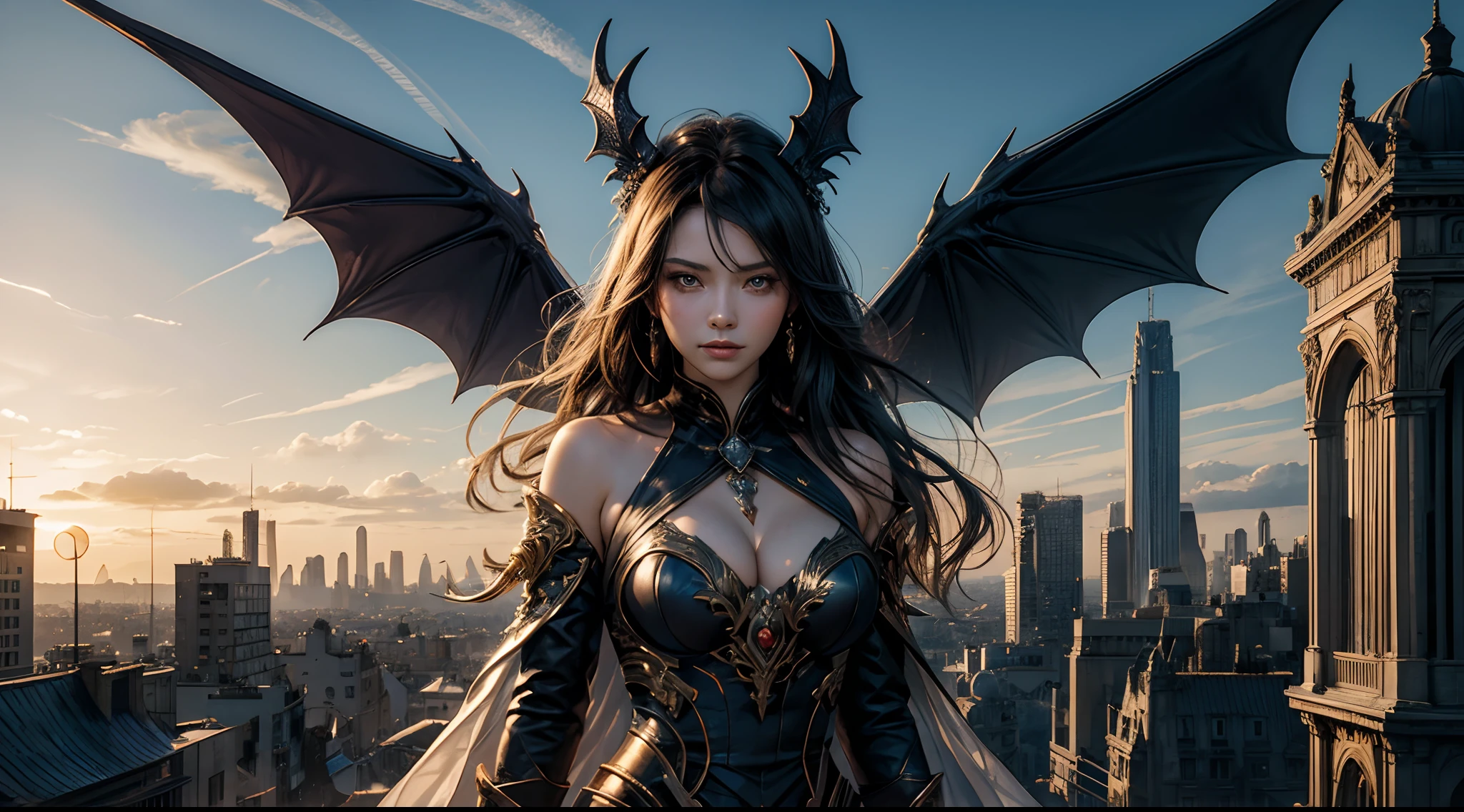 tmasterpiece,top-quality,best qualityer,offcial art,Beauty and aesthetics:1.2),(tmasterpiece:1.3), (8K, realisticlying, RAW photos, best qualtiy: 1.4), beauitful face, (photorealiscic face),超高分辨率, Ultra photo realsisim, highly detailed, the golden ratio, (with dynamism:1.3),(Saturation:1.3),illusory engine, (High detail: 1.9),(femele:1.4),(Large breasts),woman,Dragon's horn,Bat wings,The background is the destroyed city,Mid-range portrait,dramatics,(magia)