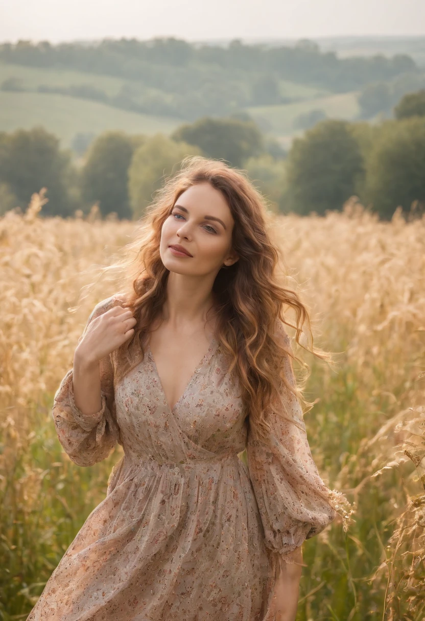 Ein Nahaufnahmefoto einer schwangeren Frau, dressed in bohemian-inspired fashion, Wear a flowy maxi dress with floral prints, Kombiniert mit einer Jeansjacke und einem Schlapphut und Vintage-Accessoires. Your hair is styled in loose waves or natural curls. Die Kulisse ist ein sonnendurchfluteter Park oder eine Wiese, mit hohem Gras und Wildblumen,Goldenes kurzes Haar