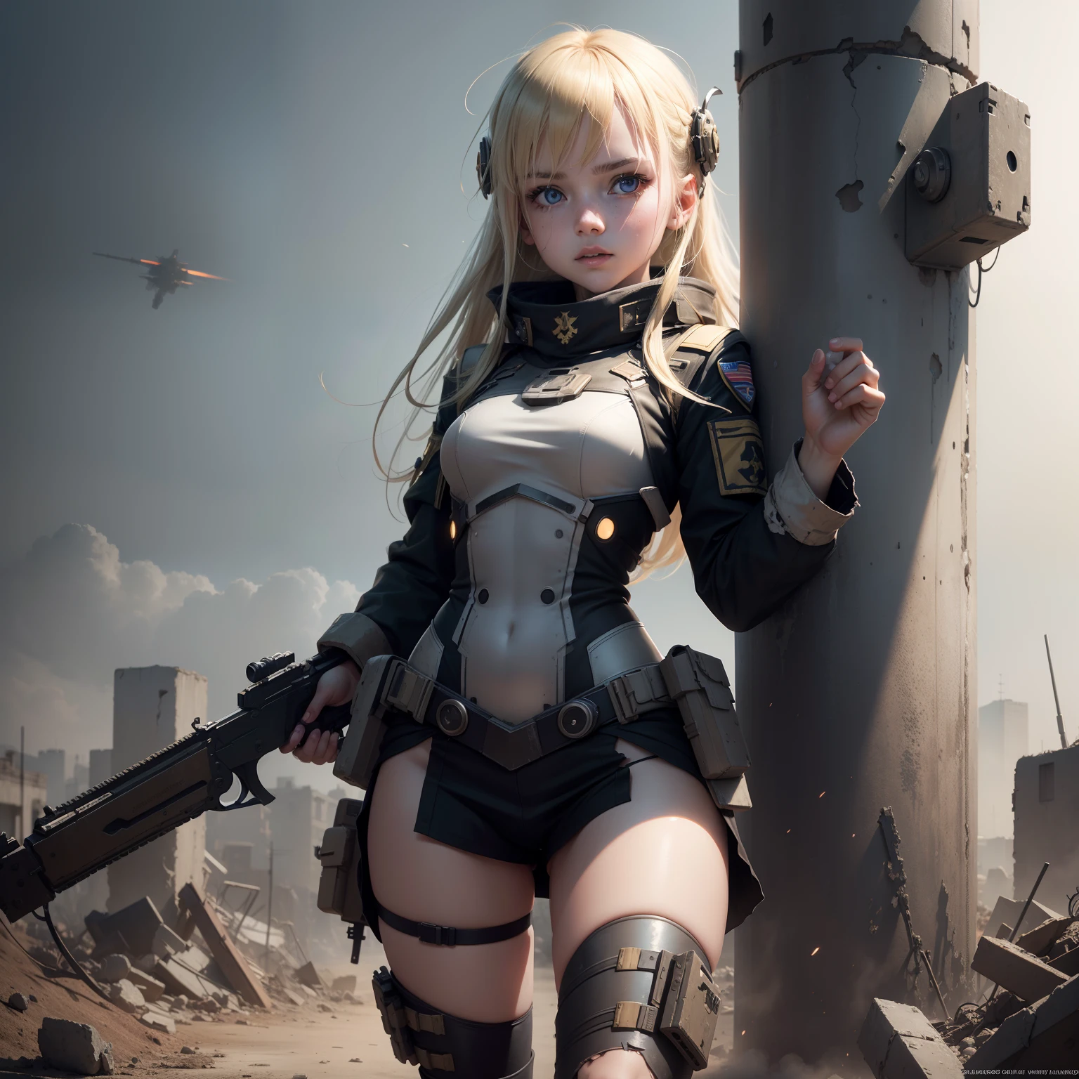 Destroyed towns,ukrainian girl , Ukrainian anime girls , , Ukraine , Full body composition of young girl with messy bright blonde hair, eye make up, , Soft lighting, Solo, Old torn dirty shabby futuristic military uniform, badges, Pose, Blotch color, Octane Render, Hyperrealistic intricate detail, Cinematic, 8K resolution, 70mm, Accent Lighting, Global Illumination, Full body portrait, clean detailed faces, intricate clothing, Cute face, flat chest, Slim waist, Slim legs, small hips,Wearing a thick steel combat suit,Combat helmet,Holding the Gatling gun in your hand,