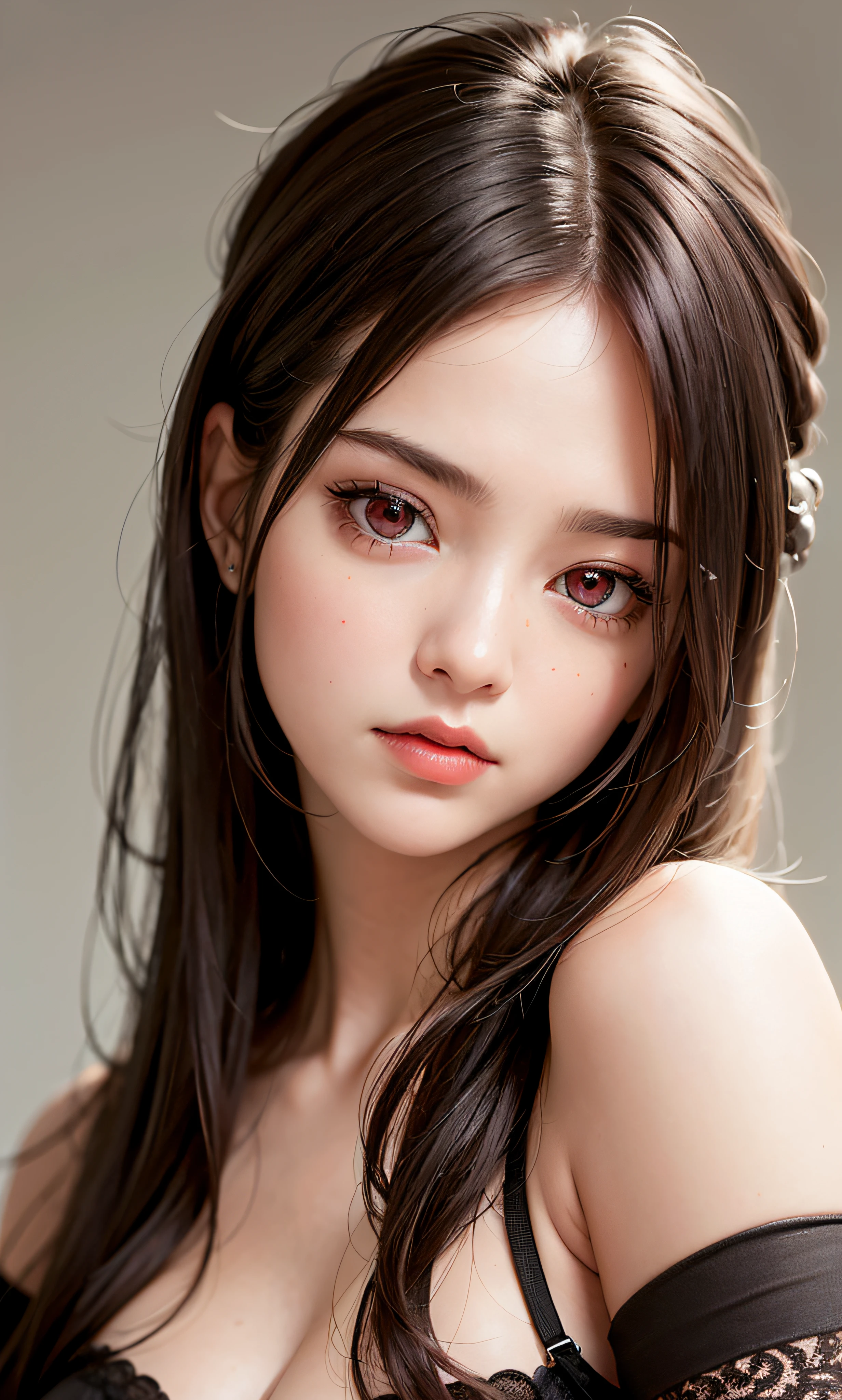 In a realistic professional and marketing photoshoot style, create a photorealistic close-up portrait of a subject with captivating red eyes. The focus should be on capturing the intricate details of the eyes, evoking a sense of mystery and intrigue. The lighting should be soft and provide a subtle glow, highlighting the mesmerizing intensity of the red eyes.