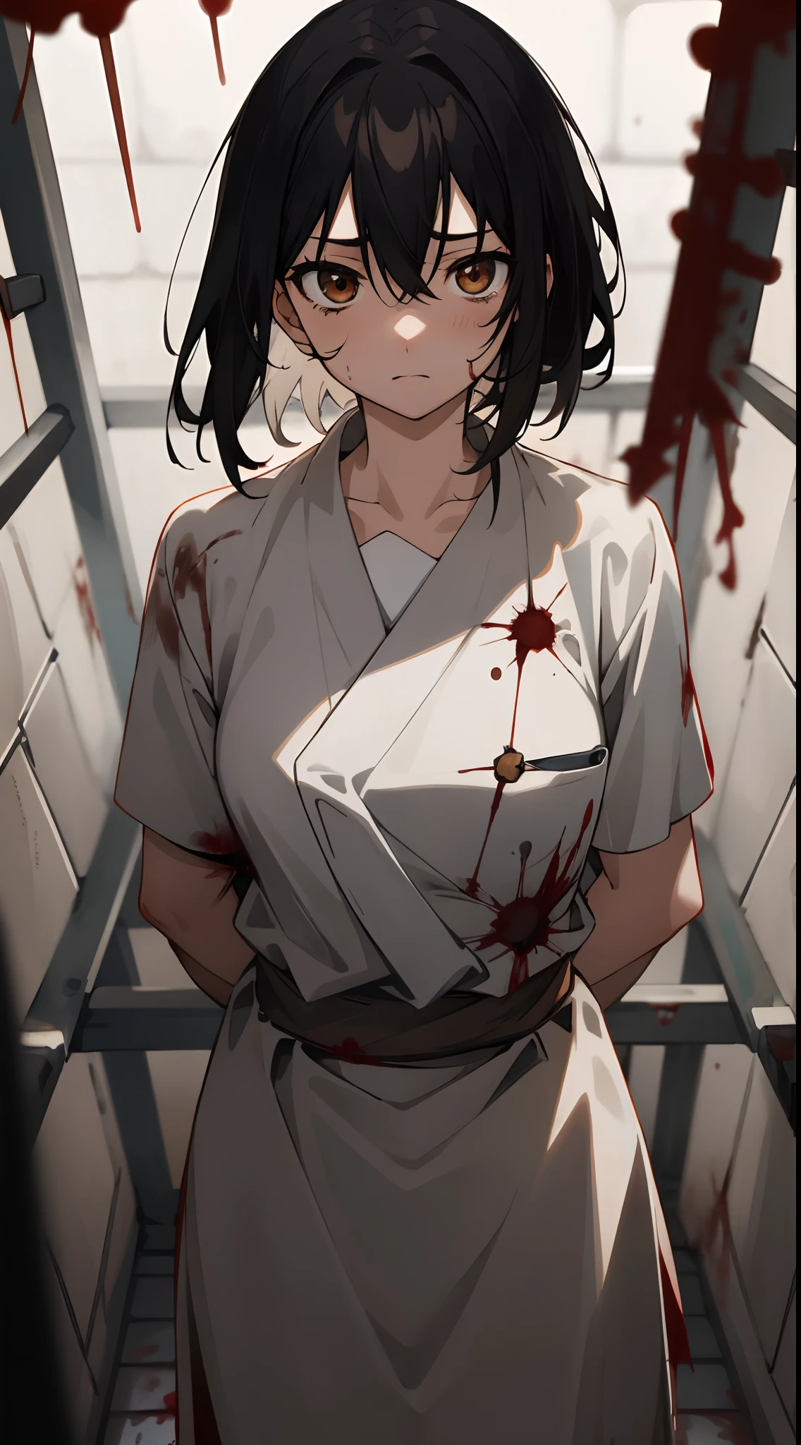 masterpiece, best quality, 1 girl, himeragi yukina, brown eyes, black hair, hair between eyes, medium hair, medium breasts, healthy skin, ((prison, blood, tortured, pain))