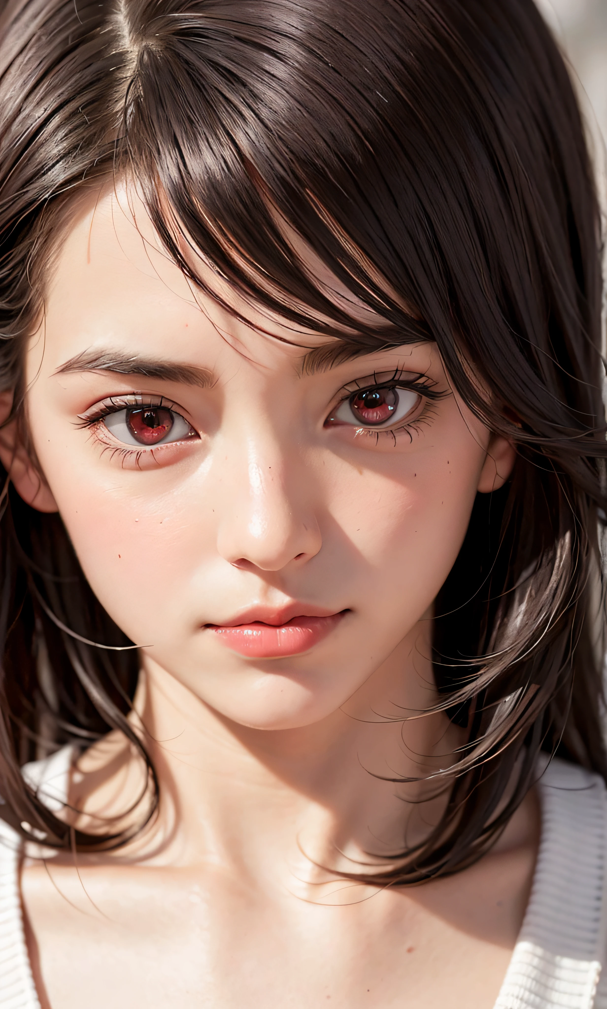 In a realistic professional and marketing photoshoot style, create a photorealistic close-up portrait of a subject with captivating red eyes. The focus should be on capturing the intricate details of the eyes, evoking a sense of mystery and intrigue. The lighting should be soft and provide a subtle glow, highlighting the mesmerizing intensity of the red eyes.