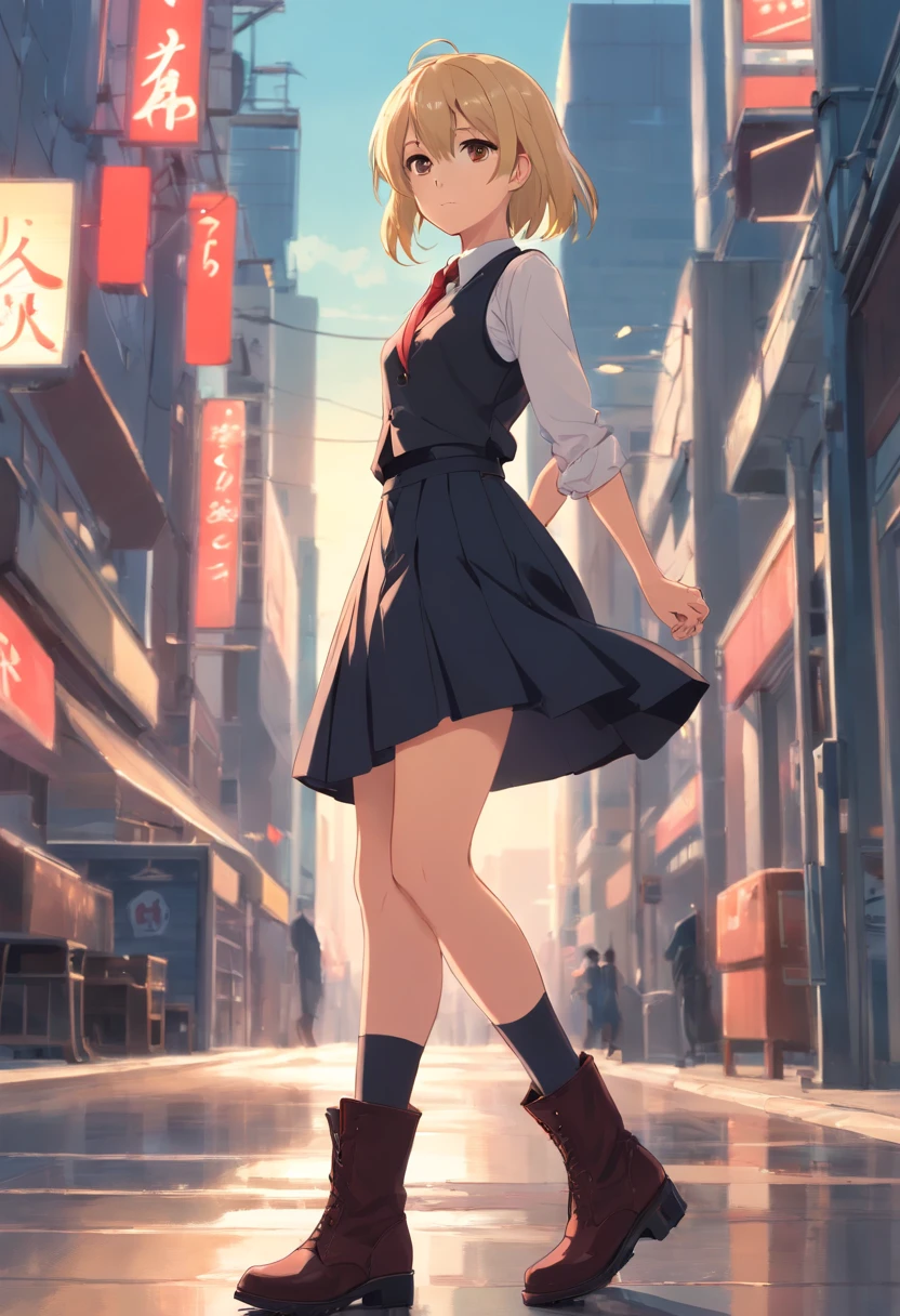 Ññ(onegirl) is a girl with white skin, black eyes with white pupils. She has shoulder-length blonde hair, with large strands on top of her hair. She wears a black vest buttoned with brown buttons; a blood red dress shirt, along with a black tie. At the same time she also wears a dark red skirt. On her shoes she wears large black boots with a light brown button on the sides and red soles.