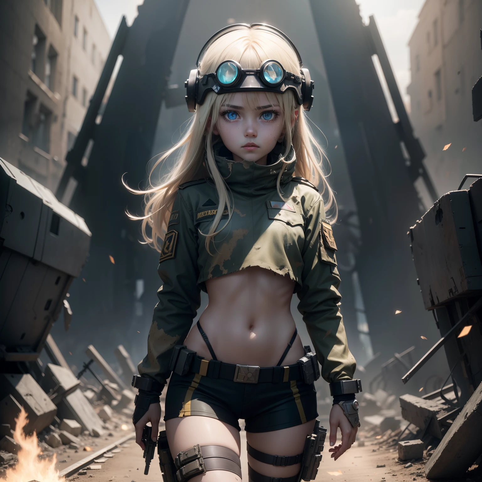 Destroyed towns,ukrainian girl , Ukrainian anime girls , , Ukraine ,  Full body composition of young girl with messy bright blonde hair, eye make up, 13 year old,  Soft lighting, Solo, Old torn dirty shabby futuristic military uniform, badges, Pose, Blotch color, Octane Render, Hyperrealistic intricate detail, Cinematic, 8K resolution, 70mm, Accent Lighting, Global Illumination, Full body portrait, clean detailed faces, intricate clothing, Cute face, flat chest, Slim waist, Slim legs, small hips,Wearing a thick steel combat suit,Combat helmet,Holding the Gatling gun in your hand,