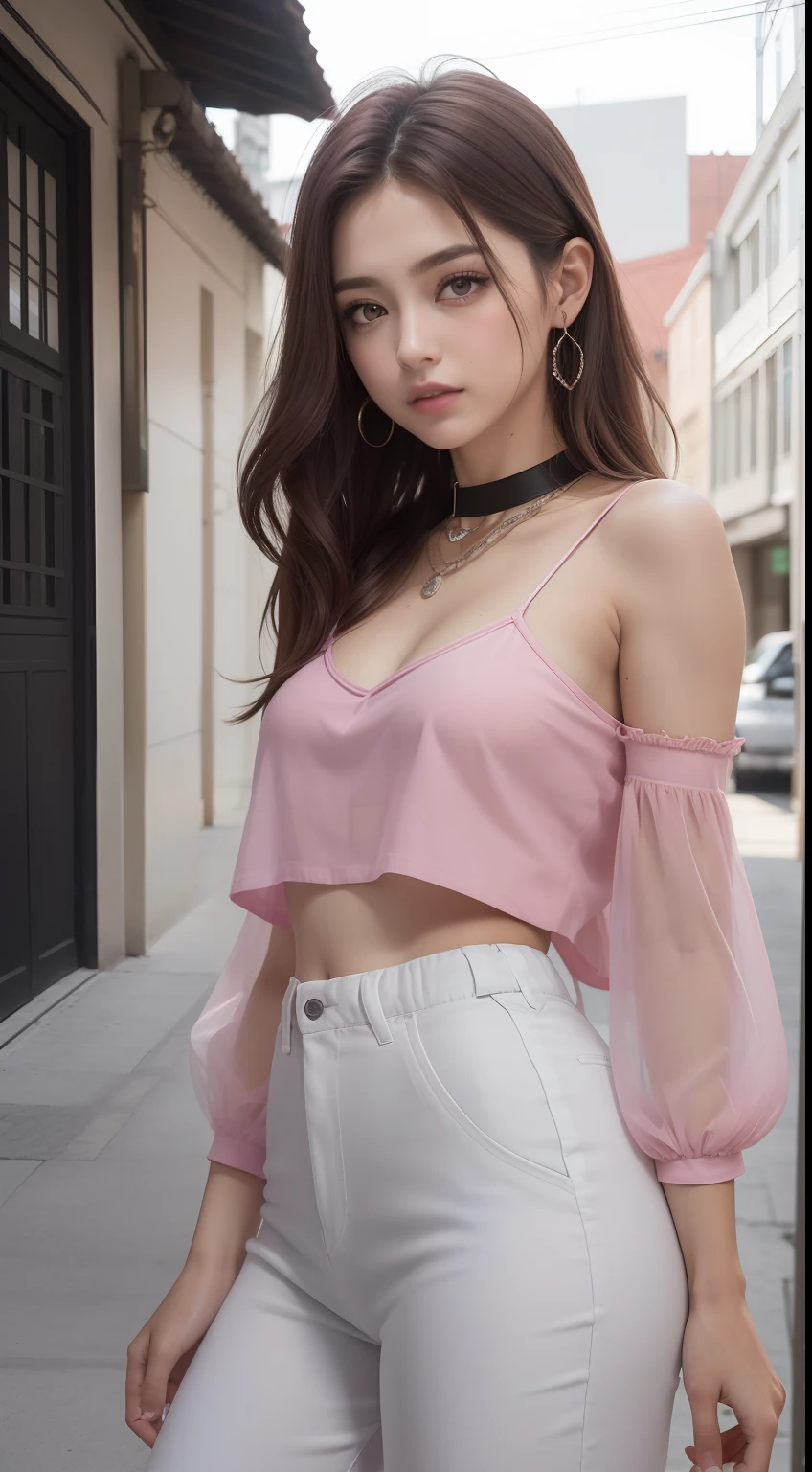 8k, Obra maestra, Foto RAW, La mejor calidad, fotorrealista, fondo de pantalla CG 8k extremadamente detallado, Profundidad de campo, cinematiclight, Destello de lente, Trazado de rayos, (cara extremadamente hermosa, labios hermosos, Hermosos ojos), Cara de detalle intrincado, ((Piel ultra detallada)) 1girl, A oscuras, Sombra profunda, Bonita chica coreana, Kpop idol, 1 girl, (cuerpo musculoso muy delgado y delgado:1.3), ((Mirando al espectador)),(gran sonrisa:1.3), (Blusa ajustada con cordones), (Blusa color blanco), (Noche de la ciudad, noche oscura, (neon sign), (fondo borroso), Noche callejera de moda),(Sin personas en segundo plano:1.3), Hermosos pendientes, Pulseras, collar, pantys, ojos claros, (Pale skin), (ojos grandes), Cara hacia adelante, ((Disparo en la parte superior del cuerpo)), ((Pantalones de seda color rosa intenso:1.3)),(brown hairs),((pantalones de seda ajustados)), (Mirando al espectador:1.3) pecho abierto, muy delgado, senos medianos, back turned, Tiro trasero, see through the blouse, pantalones transparentes, Cabello recogido, (Bolso Hermes con cuerdas en el hombro), (dedo del pie de camello)