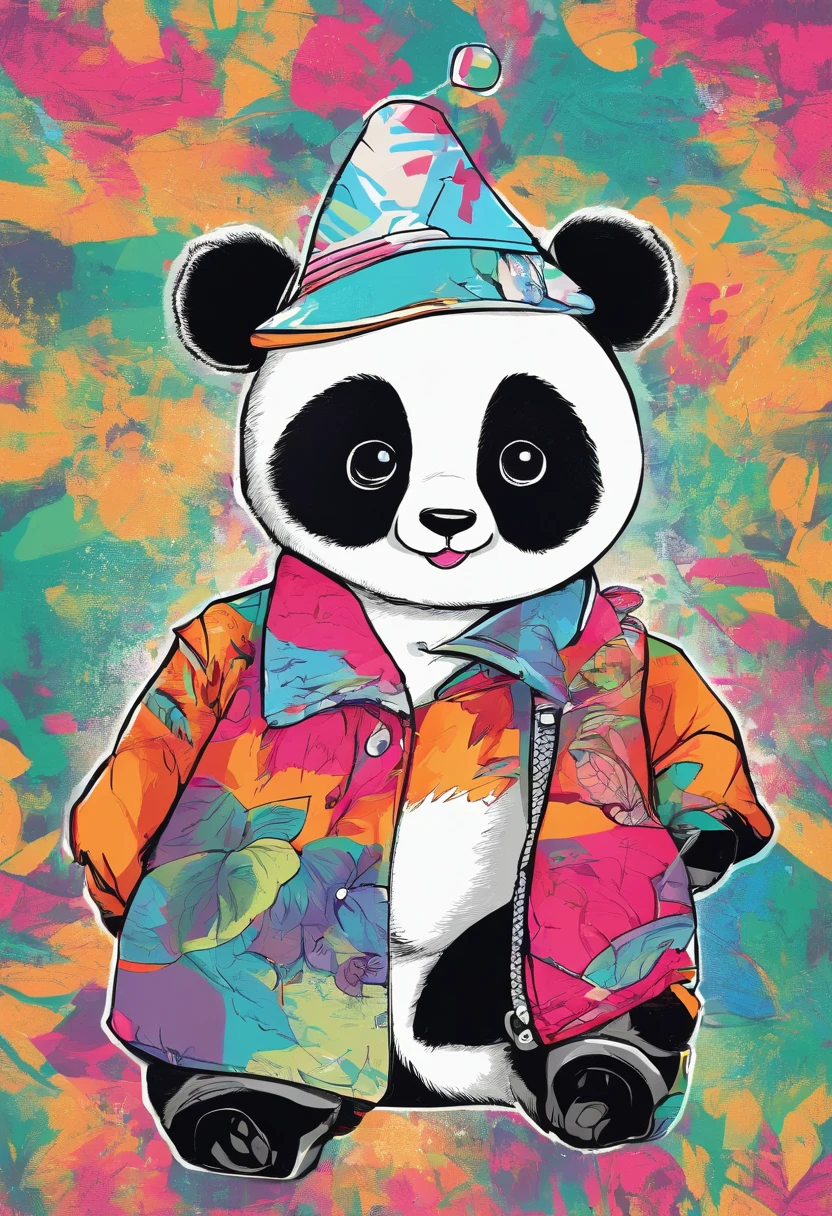Cute panda，largeeyes，Cute pose，Painting of cute bear in hat，Popular at the art station，Wear sportswear，Detailed, Ultra-realistic rendering，Street style，Cute pose，Stylish clothes，Animate