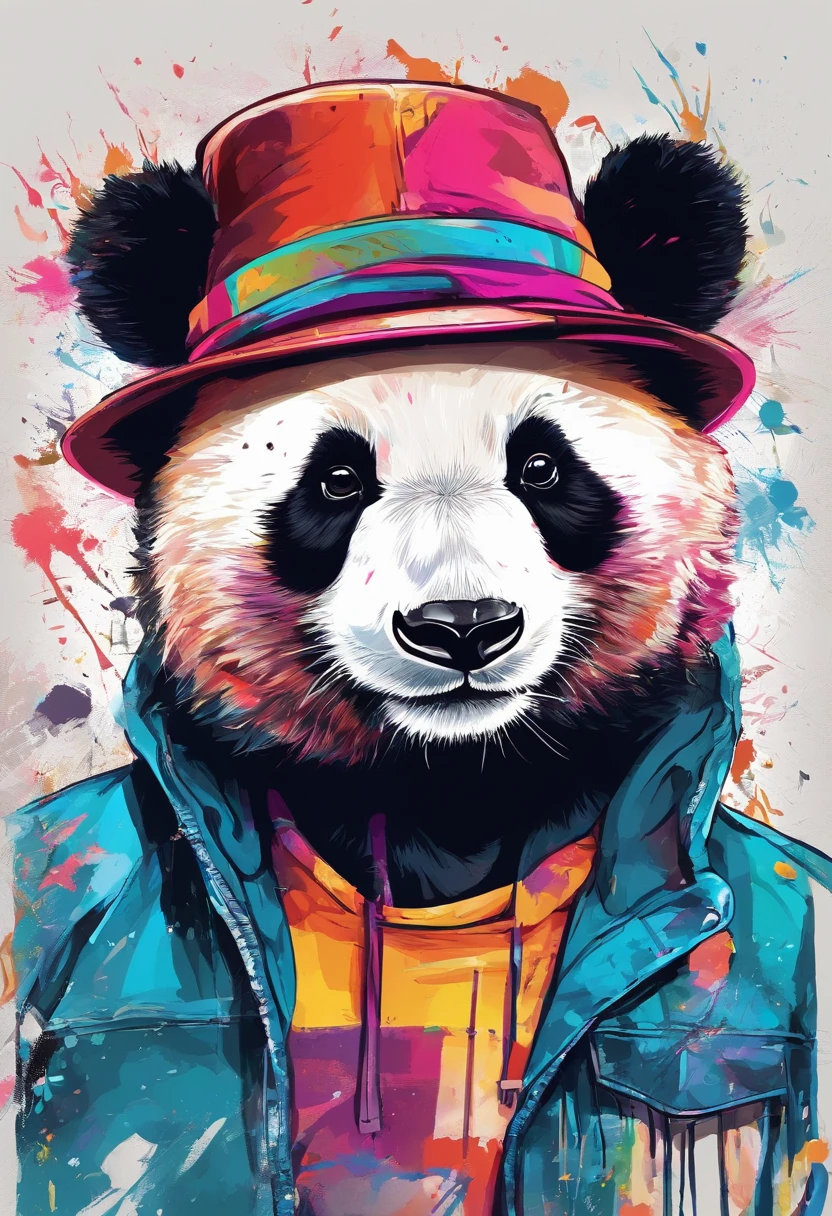 Cute panda，largeeyes，Cute pose，Painting of cute bear in hat，Popular at the art station，Wear sportswear，Detailed, Ultra-realistic rendering，Street style，Cute pose，Stylish clothes，Animate