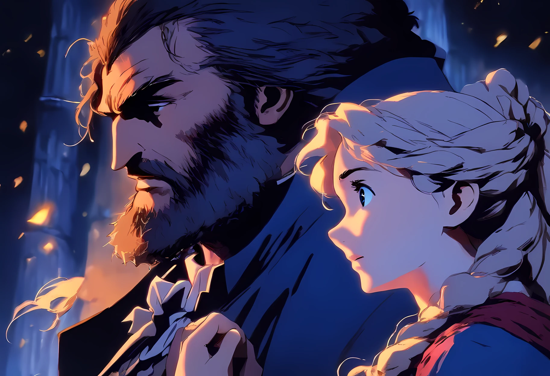 Musical illustration, Illustration of Les Misérables、Jean Valjean and Cosette look at each other, Representing Jean Valjean in dark colors, Bring Cosette to bright colors, Bring the streets of Les Misérables to dark colors
