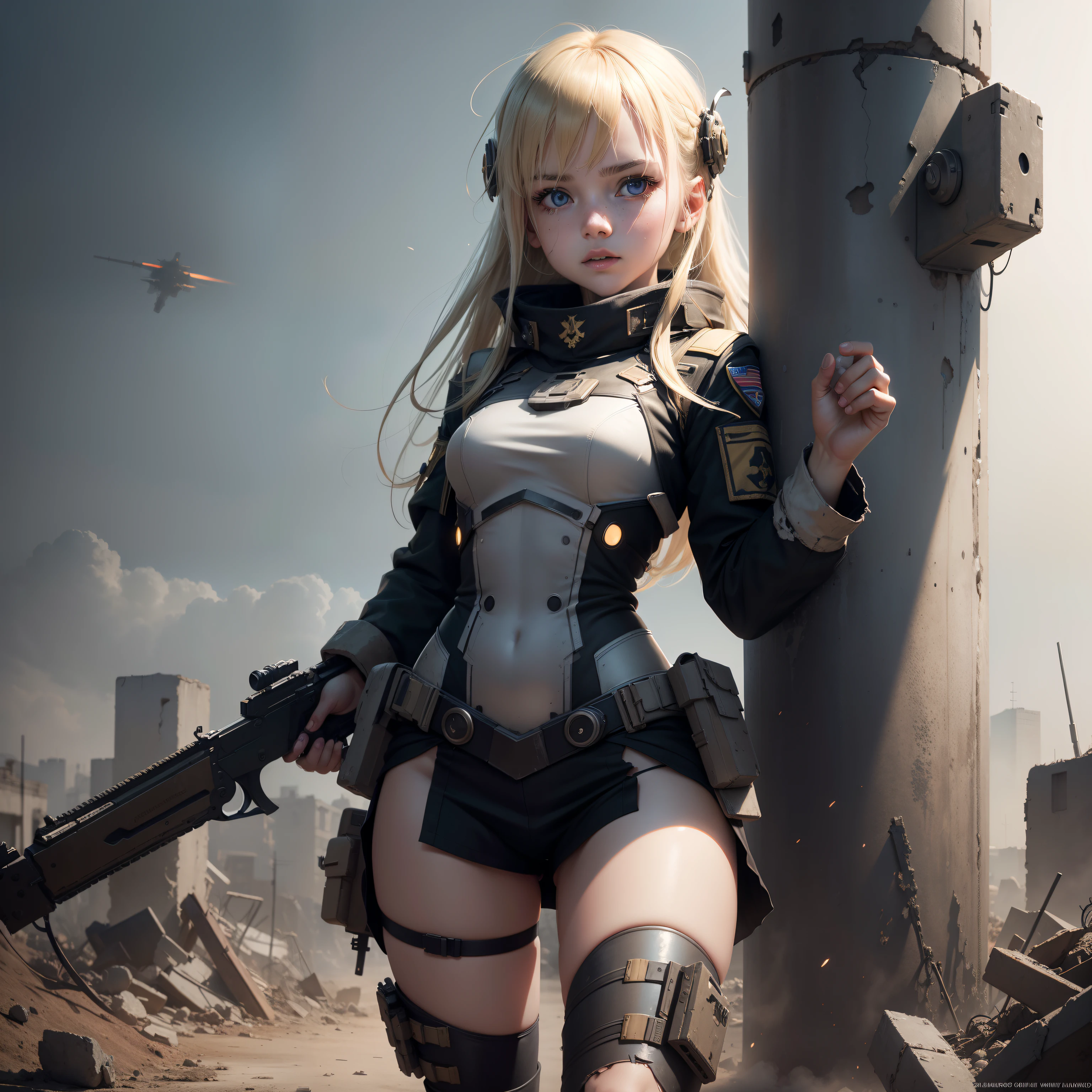 Destroyed towns,ukrainian girl , Ukrainian anime girls , , Ukraine ,  Full body composition of young girl with messy bright blonde hair, eye make up, 13 year old,  Soft lighting, Solo, Old torn dirty shabby futuristic military uniform, badges, Pose, Blotch color, Octane Render, Hyperrealistic intricate detail, Cinematic, 8K resolution, 70mm, Accent Lighting, Global Illumination, Full body portrait, clean detailed faces, intricate clothing, Cute face, flat chest, Slim waist, Slim legs, small hips,Wearing a thick steel combat suit,Combat helmet,Holding the Gatling gun in your hand,