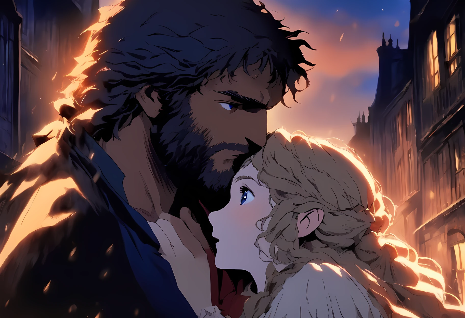 Musical illustration, Illustration of Les Misérables、Jean Valjean and Cosette look at each other, Representing Jean Valjean in dark colors, Bring Cosette to bright colors, Bring the streets of Les Misérables to dark colors