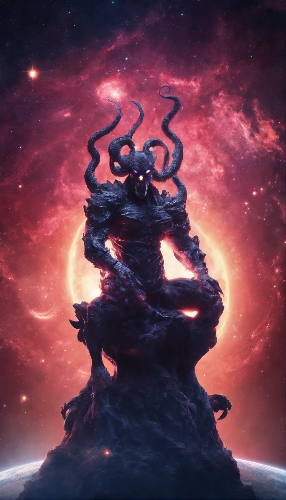 Universe, the demon man who destroys planets, pose sitting on planet earth, has nine tentacles, best quality, 4K quality