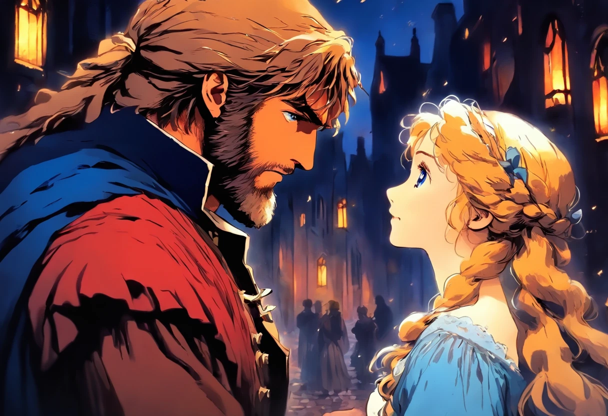 Musical illustration, Illustration of Les Misérables、Jean Valjean and Cosette look at each other, Representing Jean Valjean in dark colors, Bring Cosette to bright colors, Bring the streets of Les Misérables to dark colors