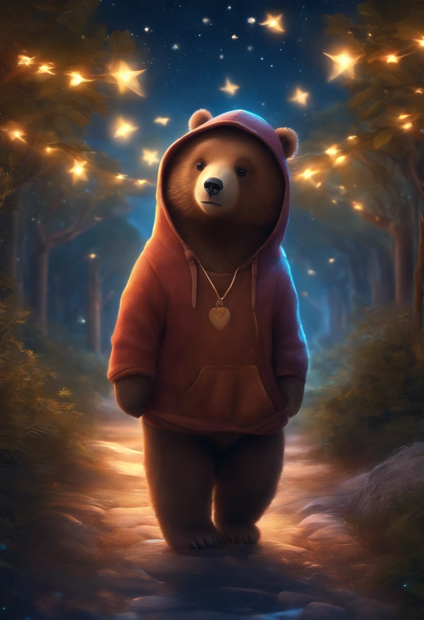 A cute bear, Wear trendy sweatshirts,With a hat on, fantasy, emphasis lighting, spectral color, anime big breast, A winding path illuminated by a million stars.