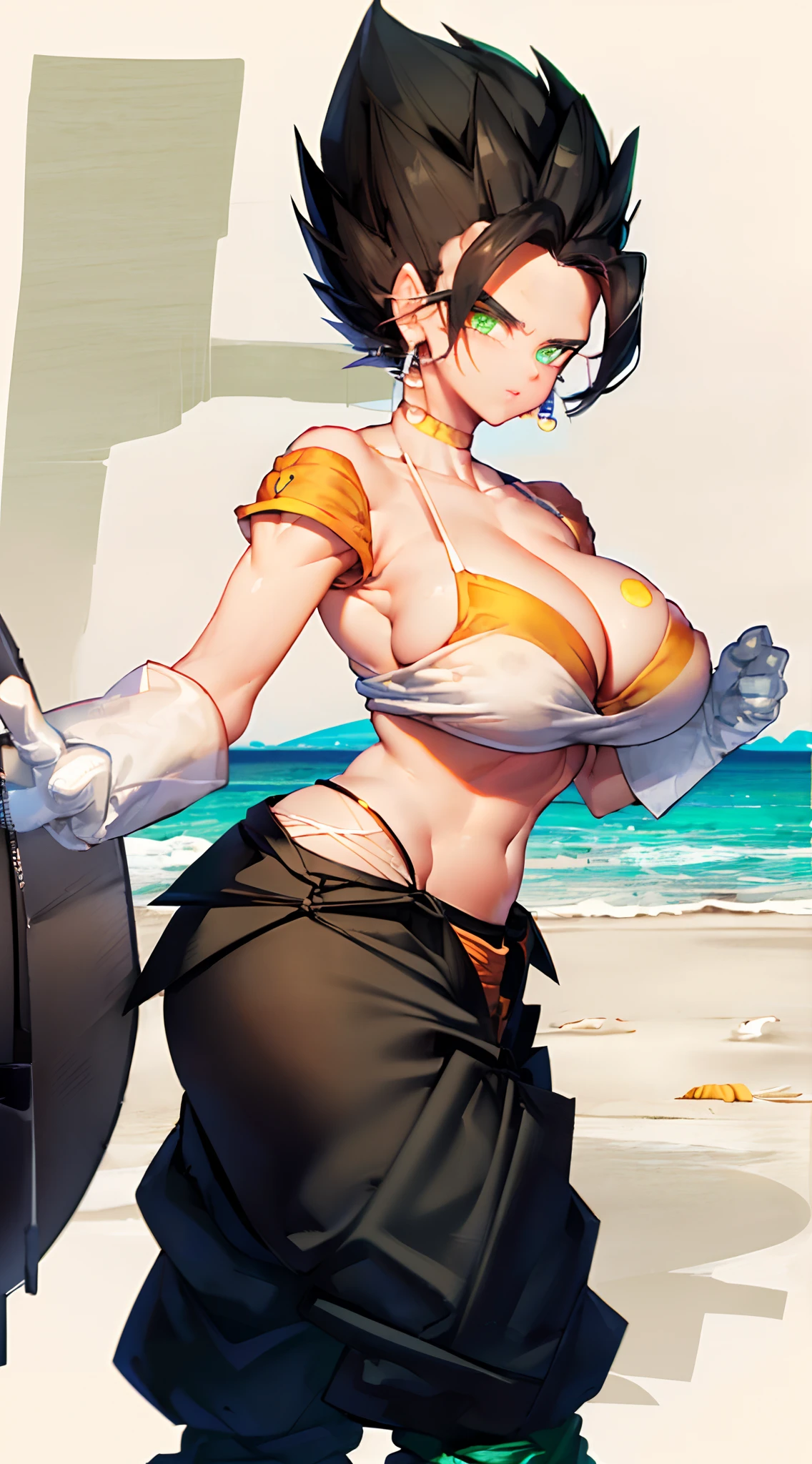 vegetto, 1 sexy girl, spiked hair, potara, white gloves, big tits, big ass, tight suit, victory pose, thin hips, looking at viewer, front view., vegetto, spiked hair, potara, white gloves(( big breasts) ((beach)) ((black hair)) (((detail fingers)) ((pants)) ((((beach)))) ((en la playa))