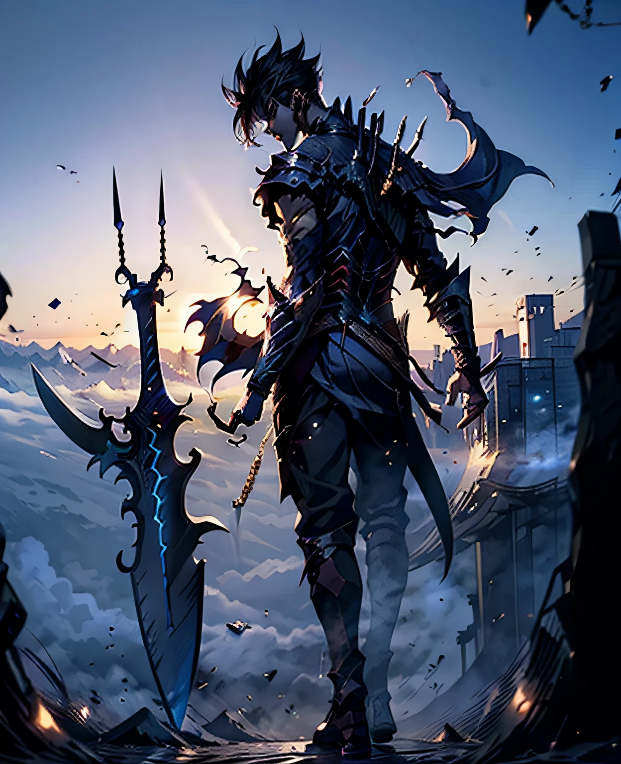 Man holding swords, back side monster, 4k quality, hd, anime style,