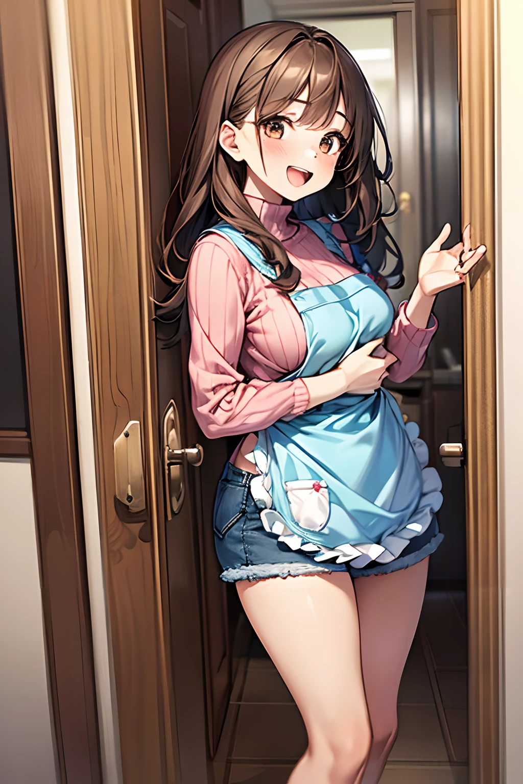 ((1girl in)), Curate, Anatomically correct, Super Detail, top-quality, Very delicate, The upper part of the body, Very petite and cute girl , (Breasts are big:1.5), Height 148cm, very , Brown hair, loose and fluffy semi-long hair, ((Cute apron)), White long sleeve sweater, Denim shorts, Doorway of a modern high-rise apartment building, farewell, Laughing with open mouth, Holding a baby, froe front side
