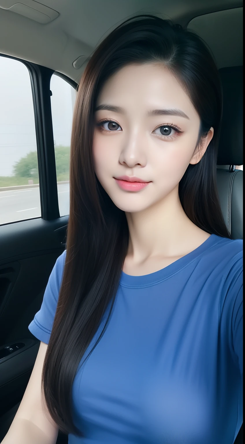 realistic photos of 1 cute Korean star, hair pulled back, white skin, thin makeup, 32 inch breasts size, wearing blue camouflage t-shirt, in the car, upper body portrait, dithering, UHD