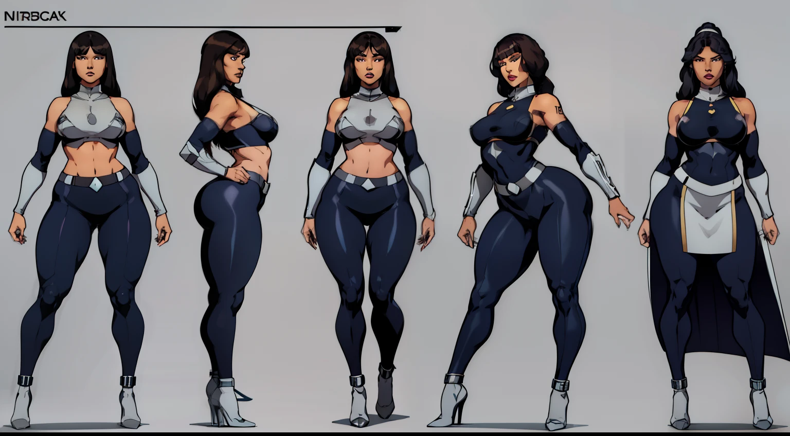 grey background, detailed, character sheet, Multiple poses and expressions, same person, (nicki minaj), (fullbody), curvy, brown skin, (wide waist) (small breasts) long hair with bangs, makeup, super detailed, modern style, direct look, contoured