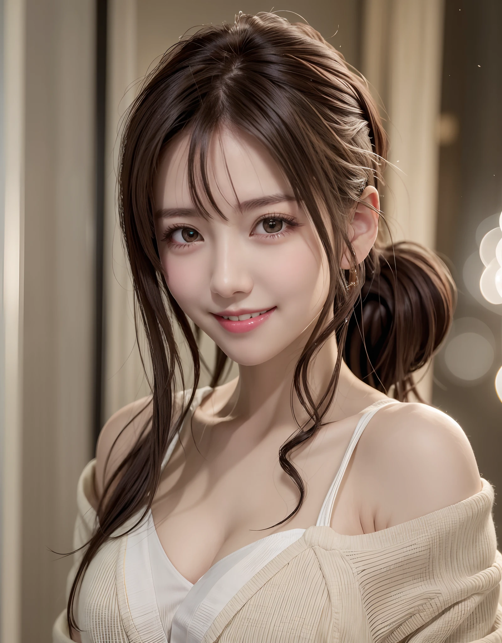 Japanese 、(Random Hairstyles:1.2)、Cleavage:1.2、Super detailed face、Attention to detail、double eyelid、Put your chest together、Sharp focus:1.2、Beautiful woman:1.4、Light brown hair、highest quality、masterpiece、Sexy pose,smile、Swimwear、whole body