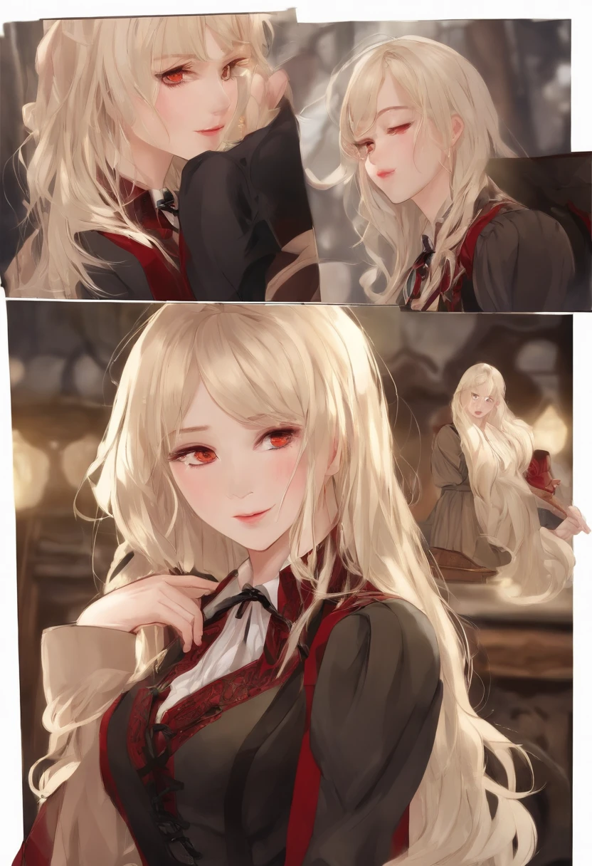 (onegirl) is a girl with white skin, black eyes with white pupils. She has shoulder-length blonde hair, with large strands on top of her hair. She wears a black vest buttoned with brown buttons; a blood red dress shirt, along with a black tie. At the same time she also wears a dark red skirt. On her shoes she wears large black boots with a light brown button on the sides and red soles.