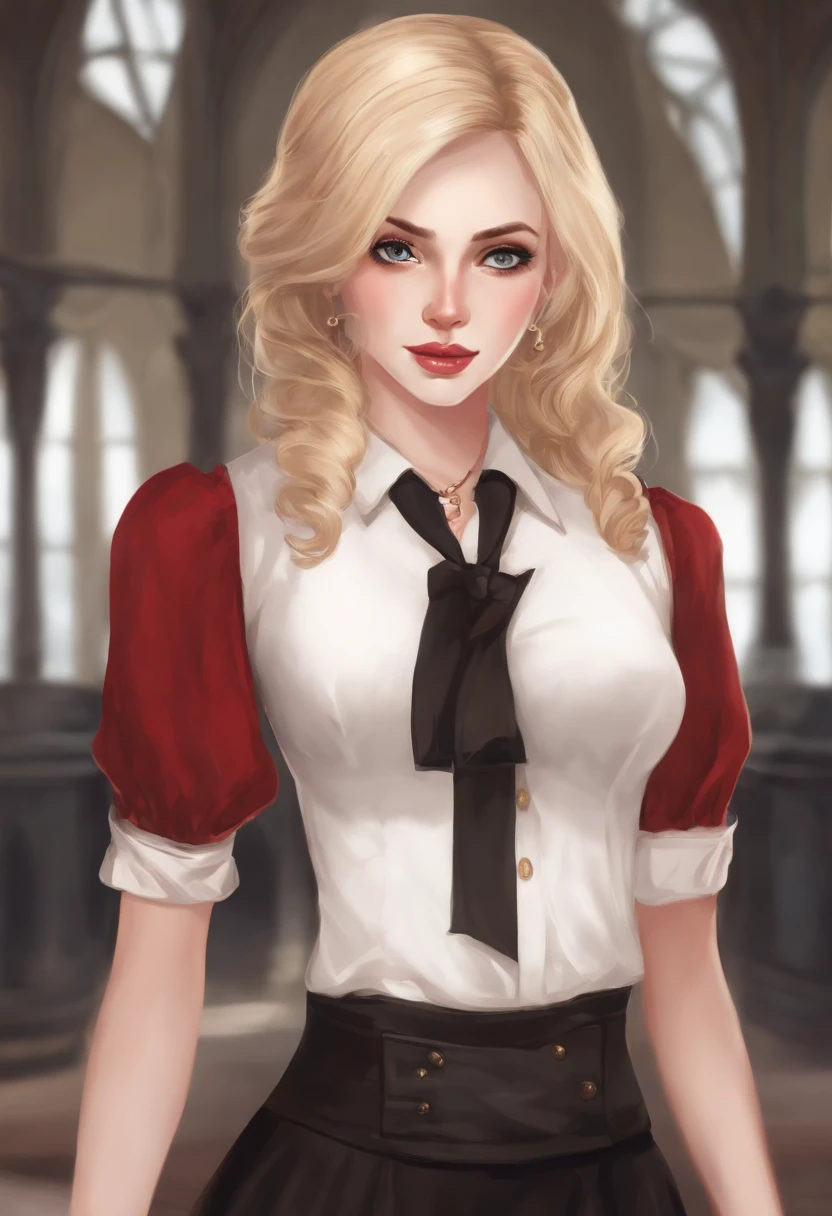 (onegirl) is a girl with white skin, black eyes with white pupils. She has shoulder-length blonde hair, with large strands on top of her hair. She wears a black vest buttoned with brown buttons; a blood red dress shirt, along with a black tie. At the same time she also wears a dark red skirt. On her shoes she wears large black boots with a light brown button on the sides and red soles.