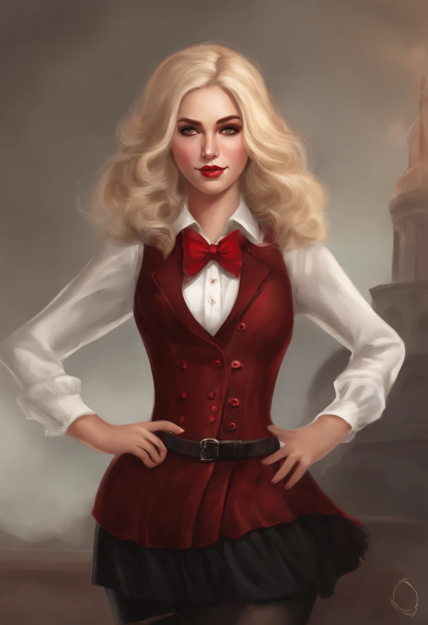 (onegirl) is a girl with white skin, black eyes with white pupils. She has shoulder-length blonde hair, with large strands on top of her hair. She wears a black vest buttoned with brown buttons; a blood red dress shirt, along with a black tie. At the same time she also wears a dark red skirt. On her shoes she wears large black boots with a light brown button on the sides and red soles.