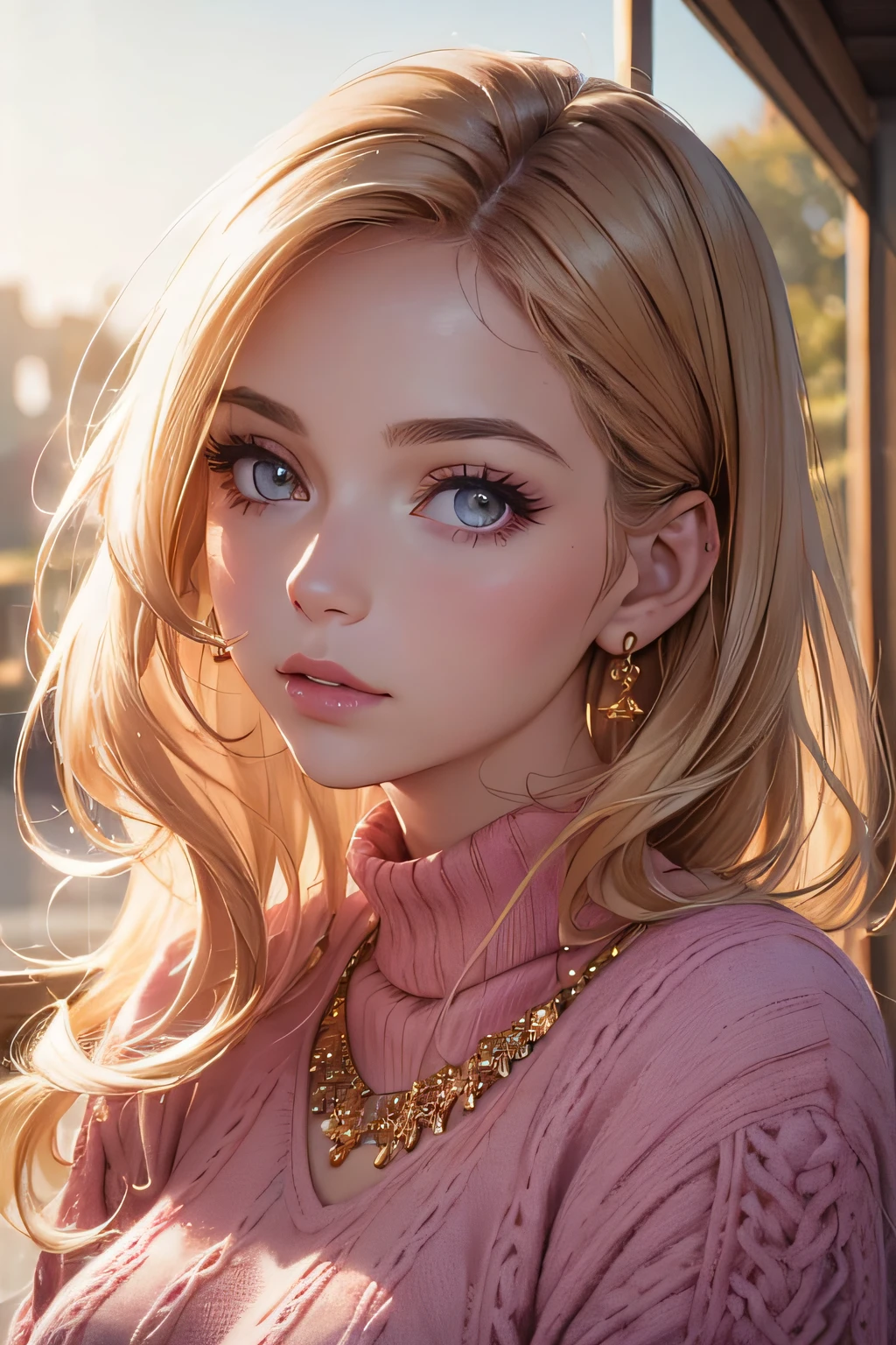 (best quality,8k,photography quality:1.2),portrait,beautiful detailed eyes,beautiful detailed lips,long eyelashes,pink sweater,hair blowing in the wind,dreamy background,natural sunlight,soft and warm tones,studio lighting,crisp focus, golden ear rings, necklace golden