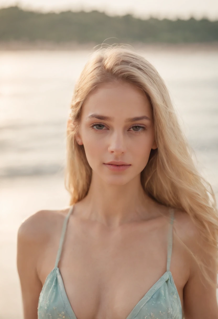 1 girl beautiful 13 years slim, long blonde hair small swimsuit, Meer wellen Strand  Sommer  Sonnen untergang, UHD, masterpiece, anatomically correct, high details, highres, best quality, super detail, 8k