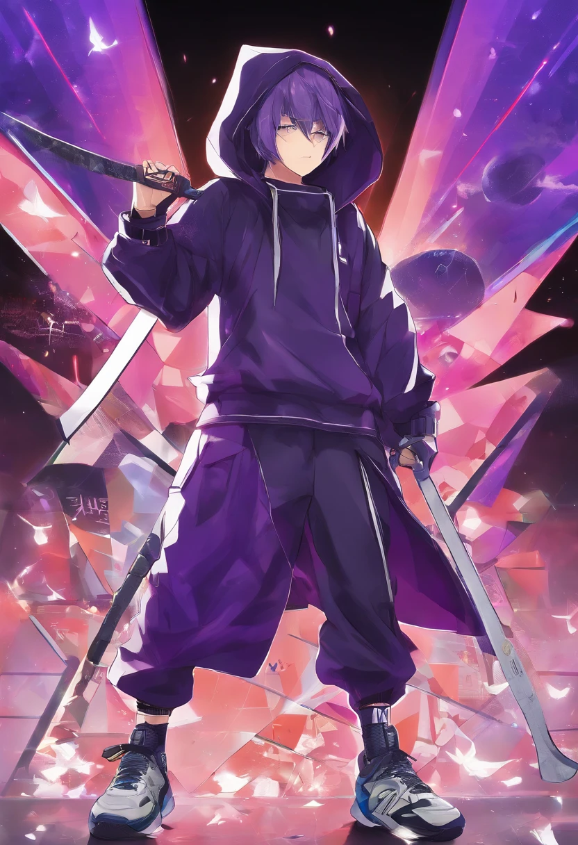 Youth Men,Wear a purple hooded shirt,An axe was strapped to his waist,Wear basketball shoes,With a smile mask on his face,With a Glock in his hand,Black shiny hair