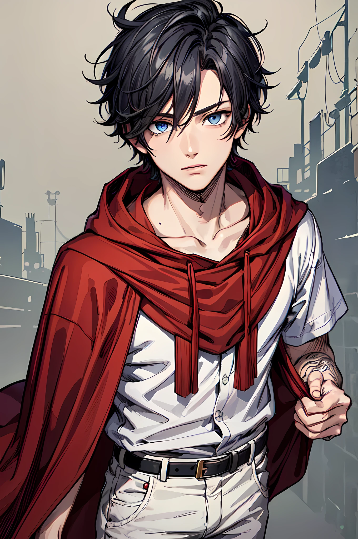 best quality,masterpiece,original,extremely detailed wallpaper,looking at viewer,1boy,solo,male,male focus,blue eyes,black hair,messy hair,hair under eyes,goggles on head,red cloak,white shirt,tatto,standing,carho pants,