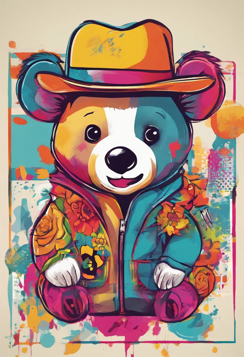 Half-body close-up，A cute bear，largeeyes，Cute pose，Painting of cute bear in hat，Wear sportswear，Detailed, Ultra-realistic rendering，Street style，Cute pose，Stylish clothes，Animate