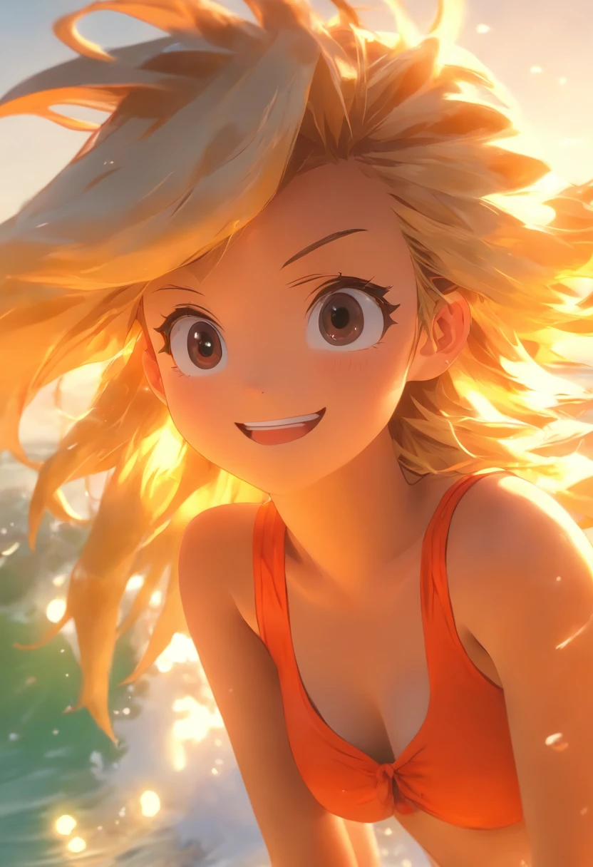 1 girl beautiful slim, long blonde hair small swimsuit, Meer wellen Strand Sommer Sonnen untergang, UHD, masterpiece, anatomically correct, high details, highres, best quality, super detail, 8k