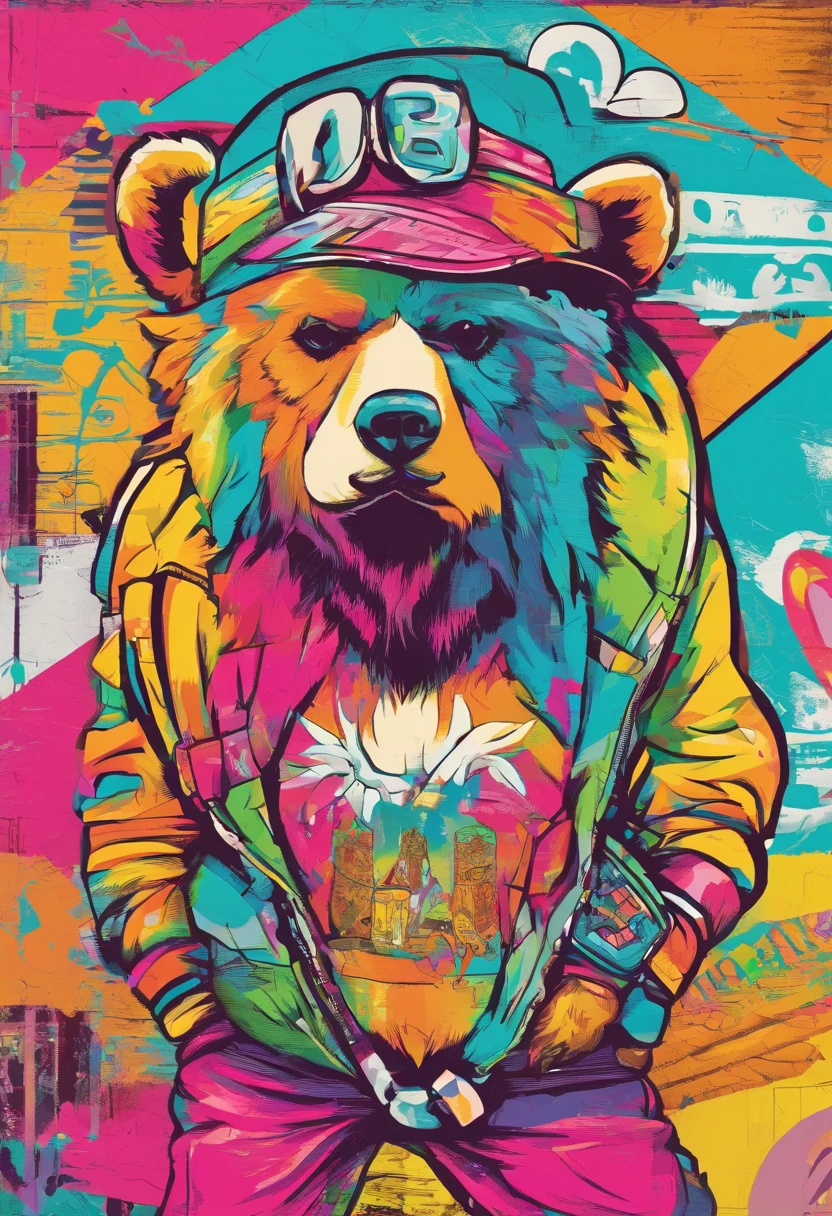 Half-body close-up，A cute bear，largeeyes，Cute pose，Painting of cute bear in hat，Wear sportswear，Detailed, Ultra-realistic rendering，Street style，Cute pose，Stylish clothes，Animate