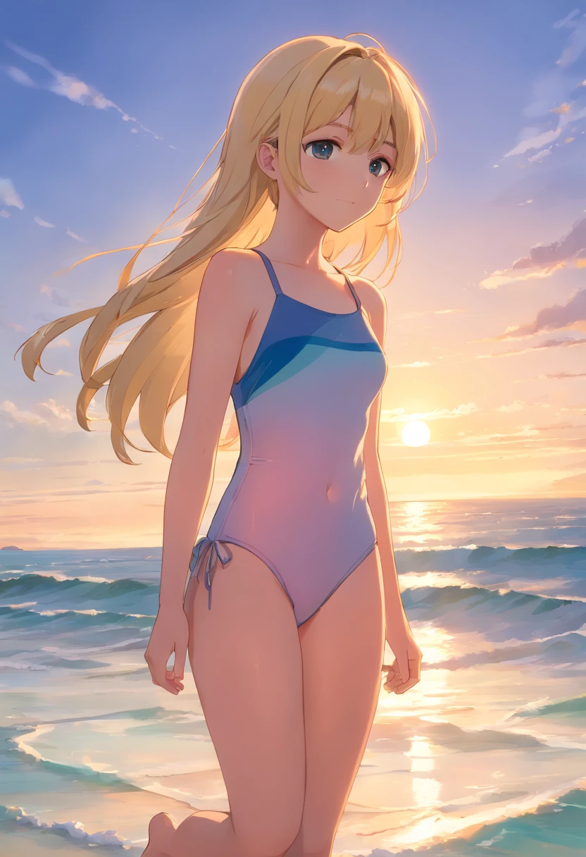 1 girl beautiful 13 years slim, long blonde hair small swimsuit, Meer wellen Strand Sommer Sonnen untergang, UHD, masterpiece, anatomically correct, high details, highres, best quality, super detail, 8k