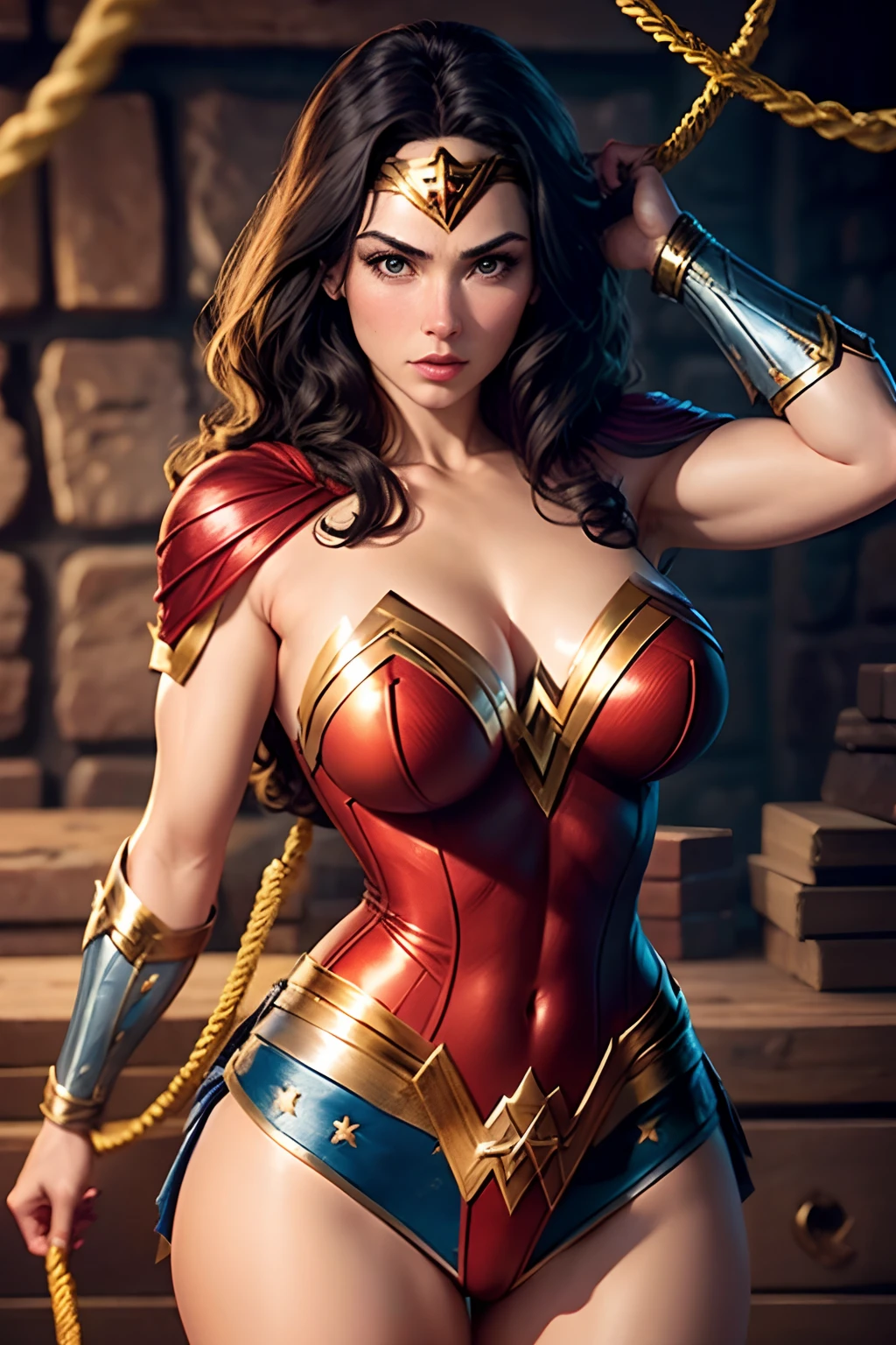 Wonder Woman, Largest Breasts, Classic Costume, hands bound with golden rope, dungeon background