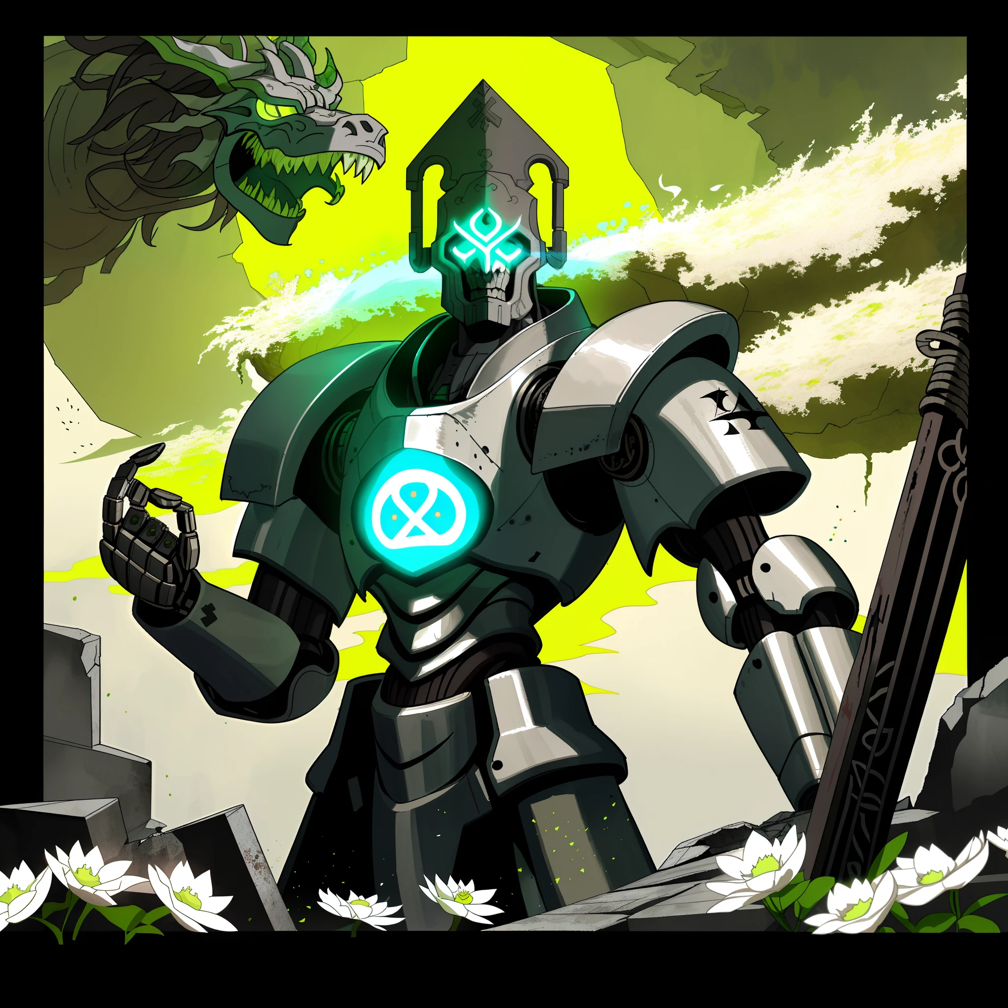 Huge mechanical hunter,(Tribal totem style:1.3), (Giant: 1.6), Super cool ghost killer, Wearing green mechanical armor, Surrounded by green dragons, Armed with a stone spear, Stand at front, Super detailed, Realistic, Shiny, Reflective, Bio-luminescence, Galaxy Control Mask, Huge mech, (executioner:1.2), Cape, SH4G0D, illuminated runes_Red, full bodyesbian, Movie, Dark background, Backlight, High contrast,BREAK!, The ruins of a ruined building,The broken walls were covered with moss,White flowers grow on piles of rubble,The bright green ghost fire ignited the rusty gears