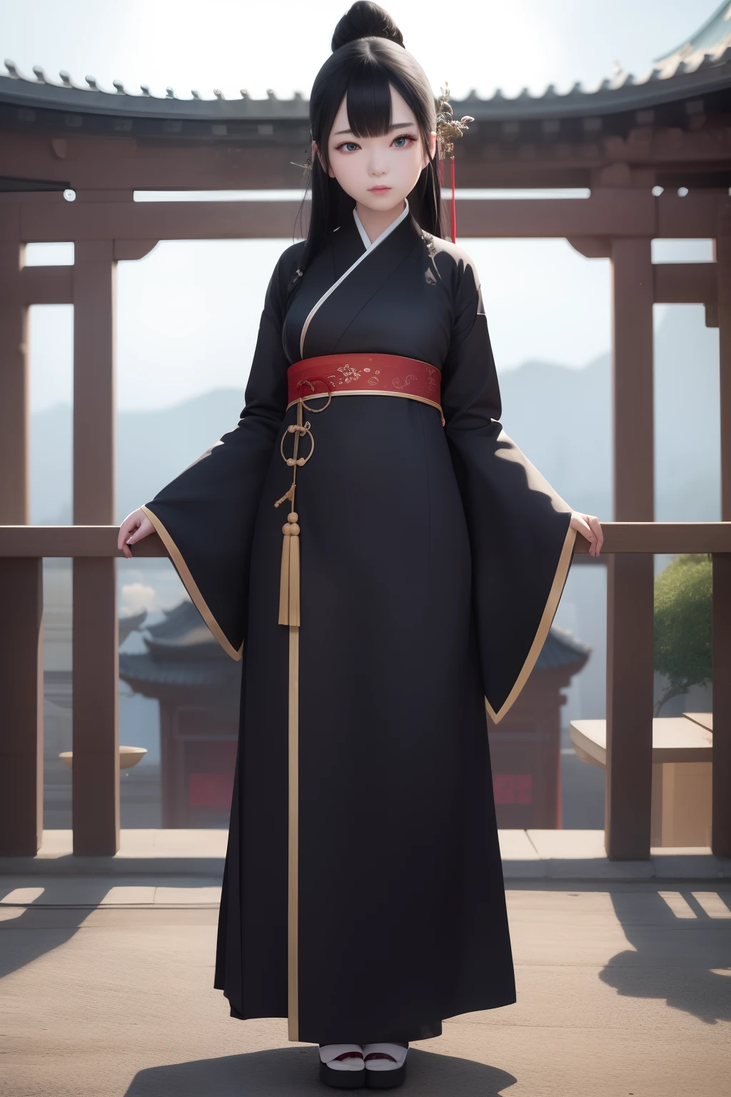 1girl,full body,extremely detailed face, beautiful detailed eyes,light on face,cinematic lighting,looking at viewer,outdoors,Black hair,(balck Chinese architecture:0.05),hanfu, naked