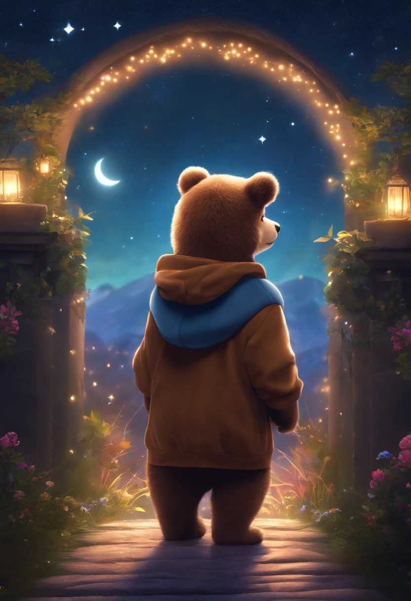 A cute bear, Wear a trendy sweatshirt,With a hat on, fantasy, emphasis lighting, spectral color, anime big breast, A winding path illuminated by a million stars.