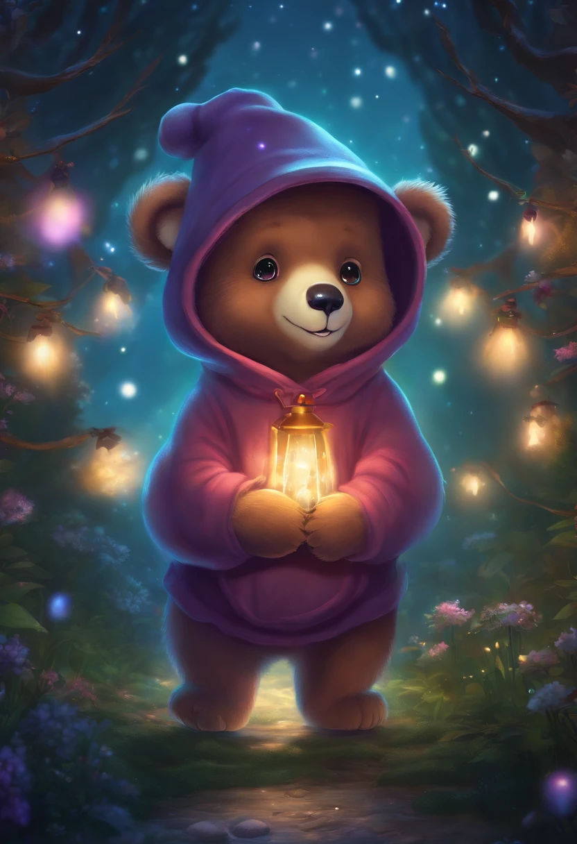 A cute bear, Wear a trendy sweatshirt，With a hat on, fantasy, emphasis lighting, spectral color, anime big breast, A winding path illuminated by a million stars.