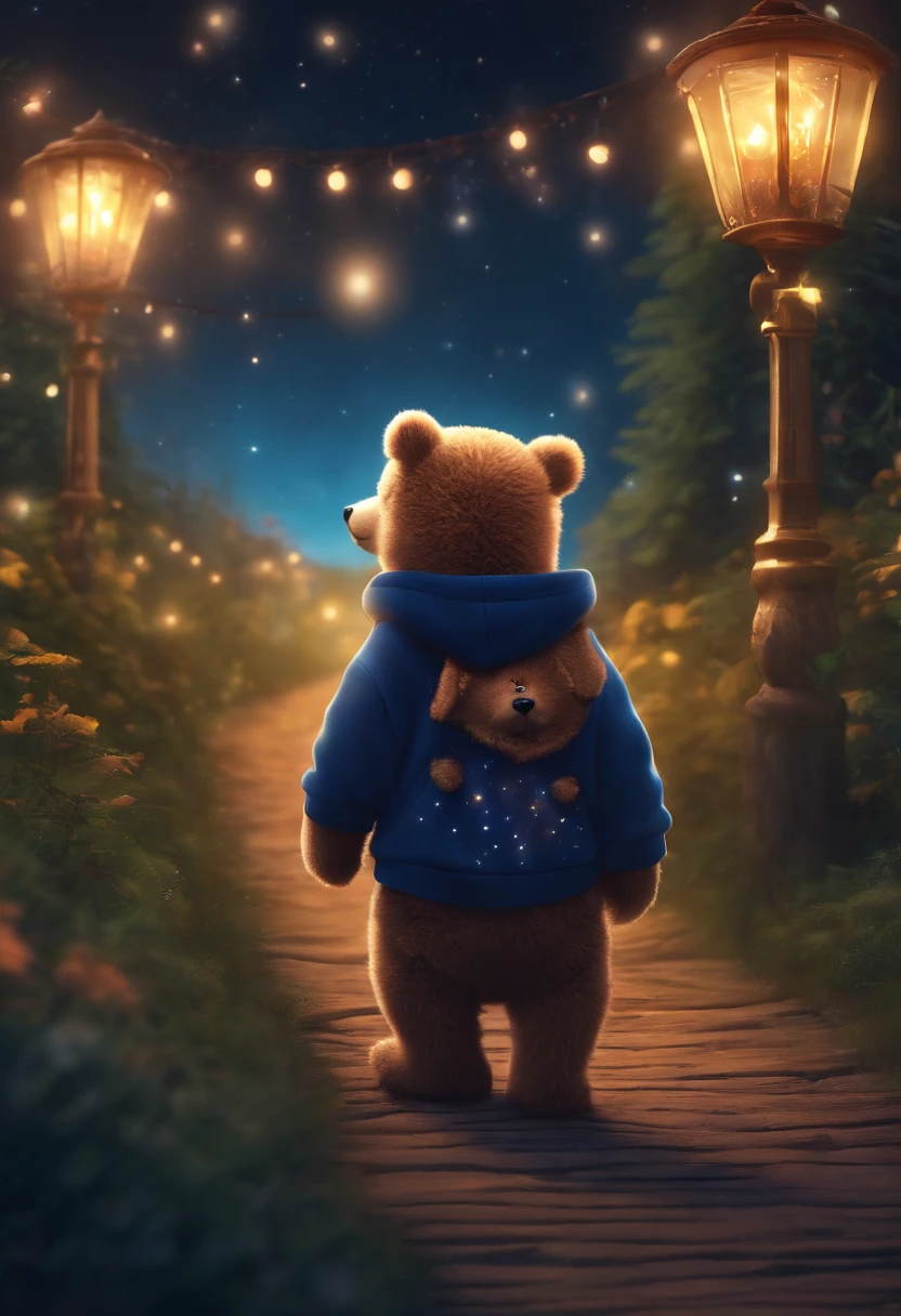 A cute bear, Wear a trendy sweatshirt，With a hat on, fantasy, emphasis lighting, spectral color, anime big breast, A winding path illuminated by a million stars.