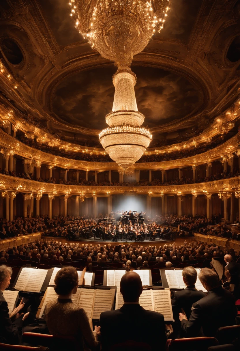 Photography showcasing the enchanting world of orchestral music. The image captures a symphony orchestra in the midst of a performance, with musicians passionately playing their instruments. The concert hall radiates a timeless elegance, with ornate chandeliers and rich, wooden accents. The composition is a medium shot, framing both the conductor, with their poised gestures, and the musicians' intense expressions. The lighting is expertly designed, illuminating the stage and highlighting the players' dedication. This photograph encapsulates the power and beauty of classical music, fostering a deep appreciation for the art form. Photographed by Platon, a renowned photographer known for capturing raw human emotions