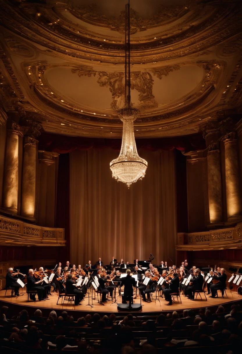 Photography showcasing the enchanting world of orchestral music. The image captures a symphony orchestra in the midst of a performance, with musicians passionately playing their instruments. The concert hall radiates a timeless elegance, with ornate chandeliers and rich, wooden accents. The composition is a medium shot, framing both the conductor, with their poised gestures, and the musicians' intense expressions. The lighting is expertly designed, illuminating the stage and highlighting the players' dedication. This photograph encapsulates the power and beauty of classical music, fostering a deep appreciation for the art form. Photographed by Platon, a renowned photographer known for capturing raw human emotions