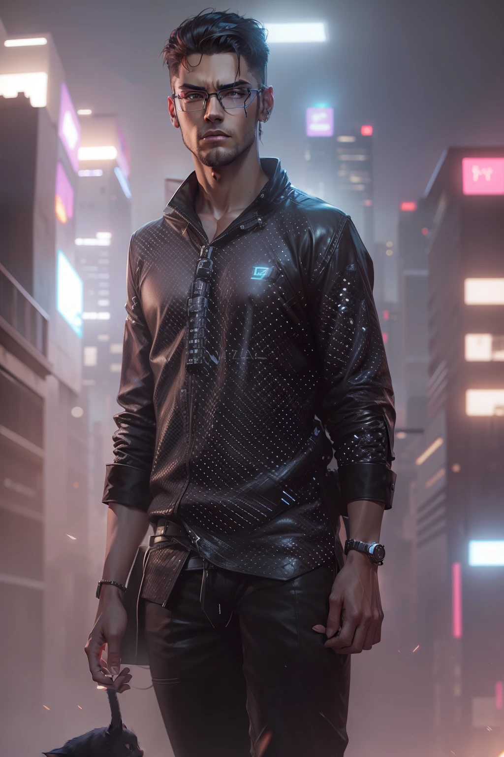 Change Background , cyberpunk, handsome boy, with eye glass,realistic face, with cat,high quality,4k,