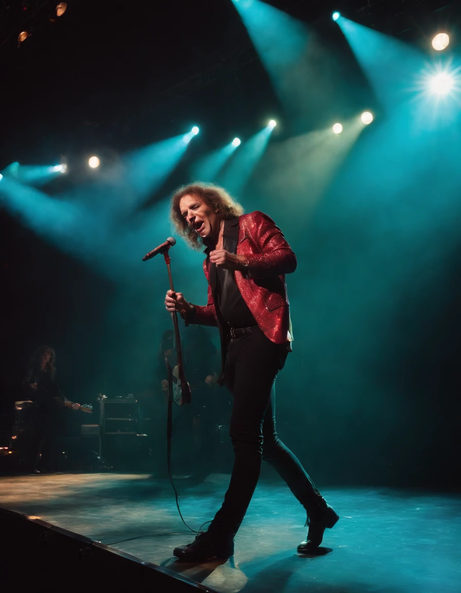 Photography depicting the vibrant energy of a rock concert. The image captures a charismatic lead singer, passionately belting out lyrics while lost in the music. The stage is ablaze with colorful lights, adding a dynamic atmosphere to the performance. The composition is a dynamic wide shot, capturing the singer's exhilarating stage presence and the crowd's ecstatic reaction. Bold, dramatic lighting enhances the mood, casting striking shadows and creating an electric atmosphere. This photograph immerses viewers in the intensity and liveliness of a rock music experience. Photographed by Mick Rock, a legendary rock music photographer who has captured iconic moments in music history