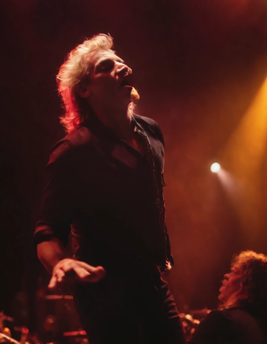 Photography depicting the vibrant energy of a rock concert. The image captures a charismatic lead singer, passionately belting out lyrics while lost in the music. The stage is ablaze with colorful lights, adding a dynamic atmosphere to the performance. The composition is a dynamic wide shot, capturing the singer's exhilarating stage presence and the crowd's ecstatic reaction. Bold, dramatic lighting enhances the mood, casting striking shadows and creating an electric atmosphere. This photograph immerses viewers in the intensity and liveliness of a rock music experience. Photographed by Mick Rock, a legendary rock music photographer who has captured iconic moments in music history