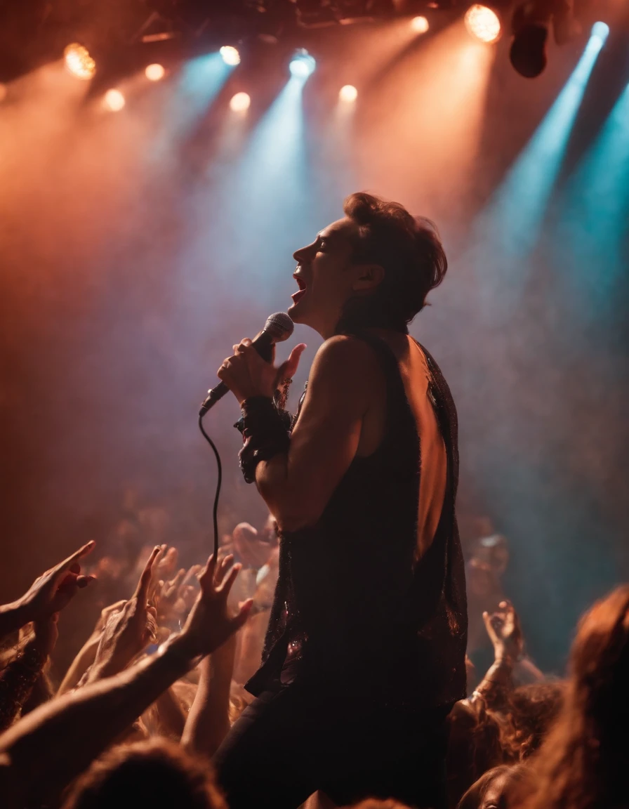 Photography depicting the vibrant energy of a rock concert. The image captures a charismatic lead singer, passionately belting out lyrics while lost in the music. The stage is ablaze with colorful lights, adding a dynamic atmosphere to the performance. The composition is a dynamic wide shot, capturing the singer's exhilarating stage presence and the crowd's ecstatic reaction. Bold, dramatic lighting enhances the mood, casting striking shadows and creating an electric atmosphere. This photograph immerses viewers in the intensity and liveliness of a rock music experience. Photographed by Mick Rock, a legendary rock music photographer who has captured iconic moments in music history