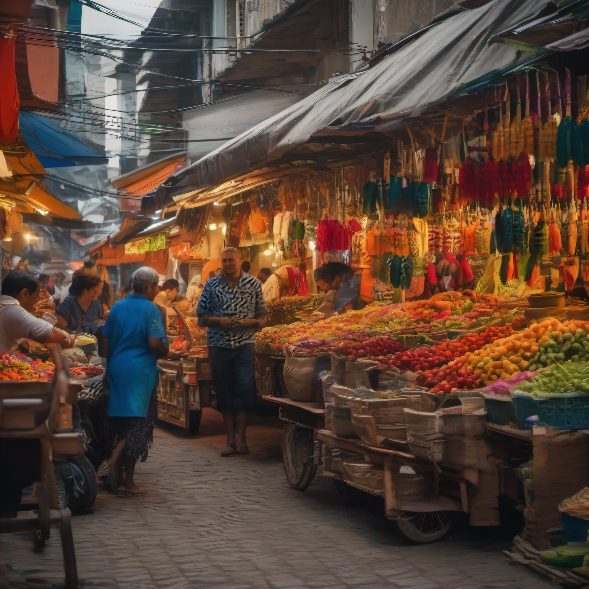 Candid photo of people in a market bustling with activity, scene capturing the interaction and expressions of the individuals, the vibrant colors and textures of the market, stalls and their wares, the image offering a glimpse in to the daily lives and culture of the community, the composition and framing emphasizing the energy and excitement of the scene, Signa 35mm f/2.8 iso 400, zeiss milvus, Ultra HD 32K --AR 16:9, -- chaos 1, --v 5., --s12, -q1